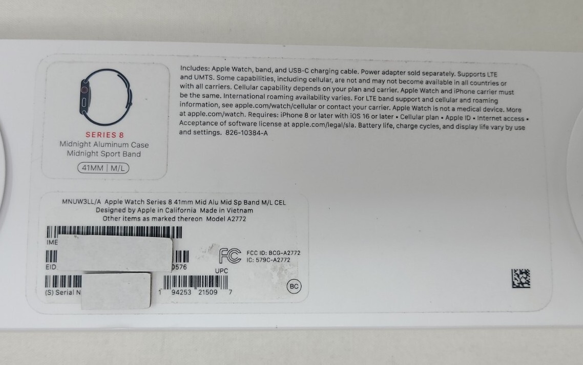 Apple Watch Series 8 Cellular 41mm M/L Midnight Aluminum Sport Band MNUW3LL/A