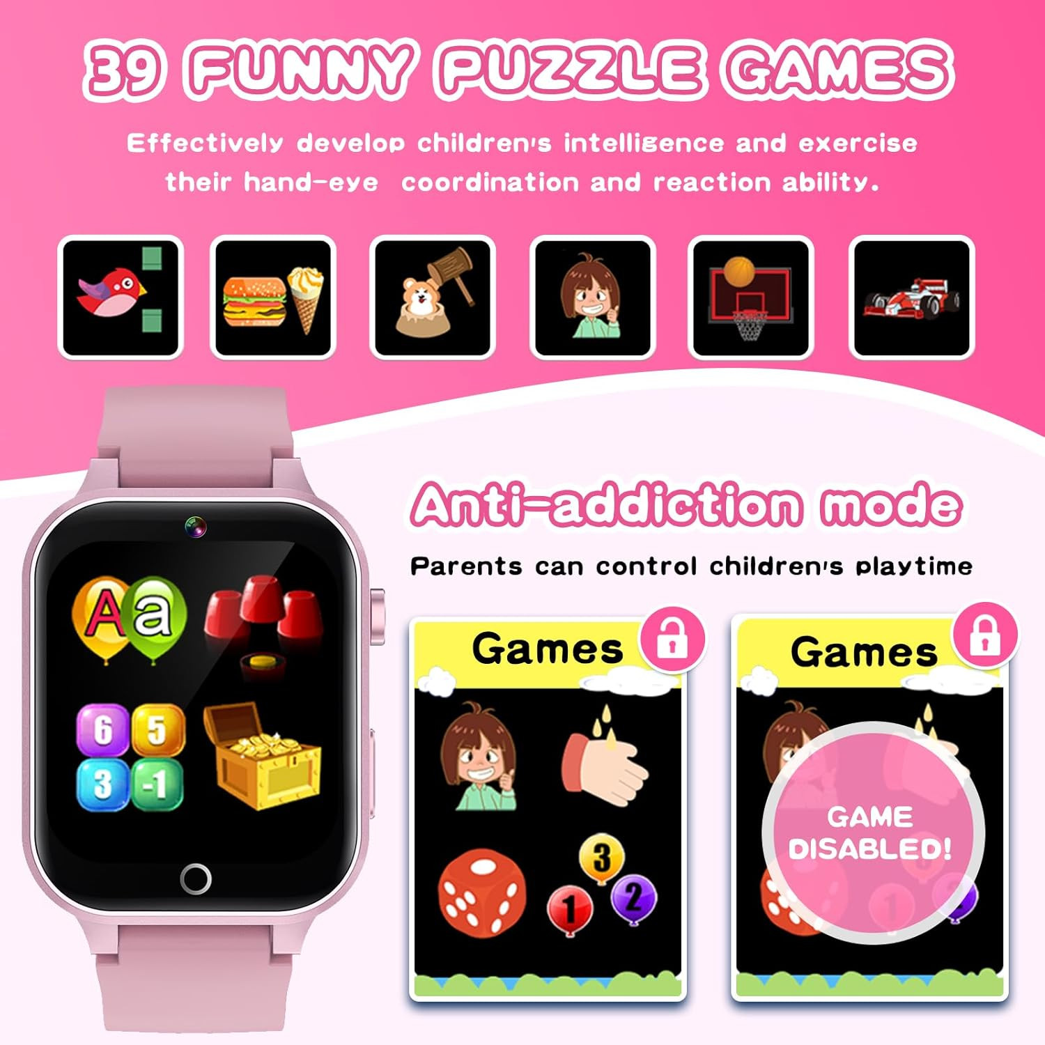 Kids Smart Watch Gift for Girls Age 5-12, 39 Games HD Touch Screen Watches with