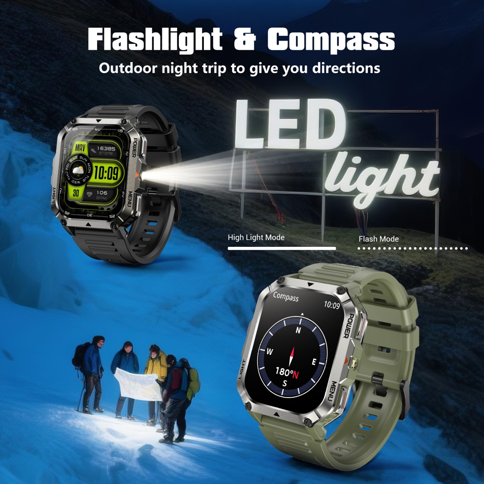 Rugged Smart Watch Men GPS Sport Fitness Tracker Smartwatch With LED Flishlights