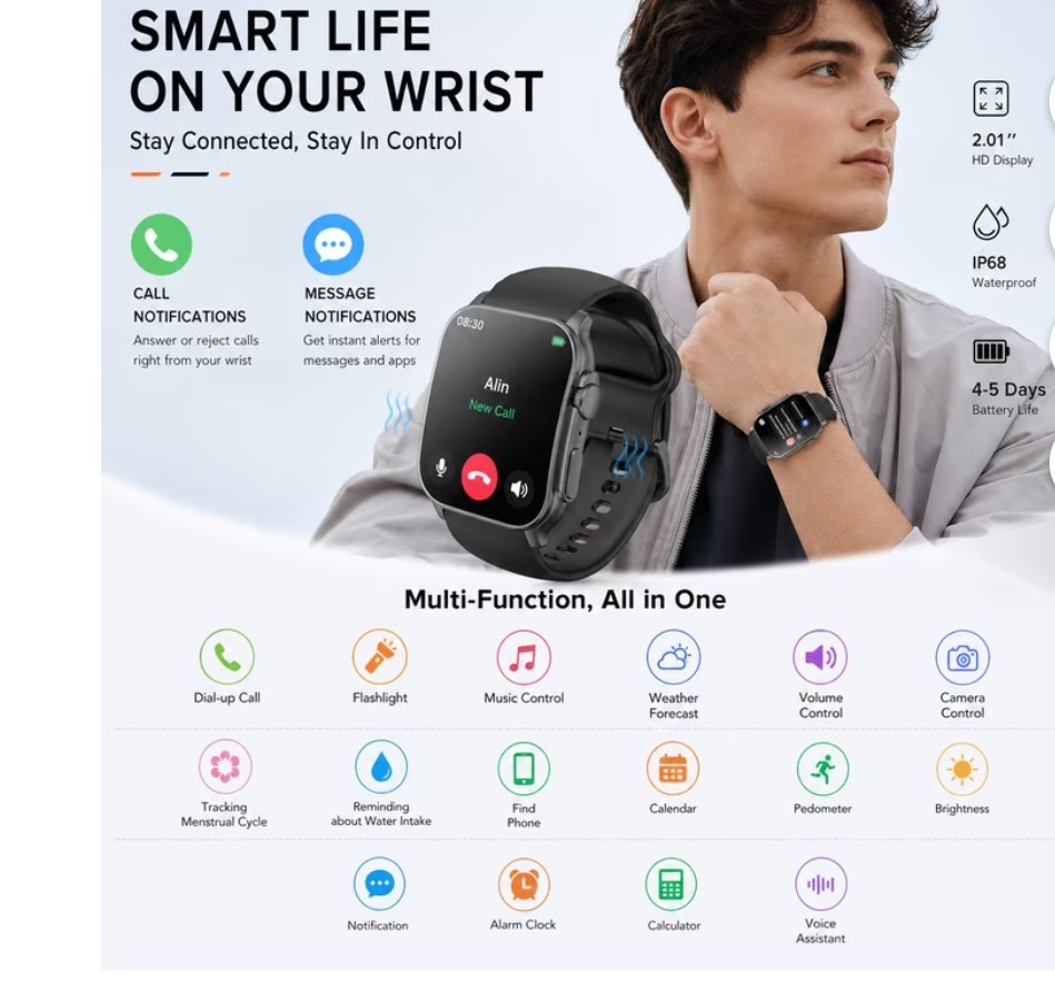 2.01″ HD Curved Screen Smart Watch Da Fit Android iOS IP68 Black Silicone