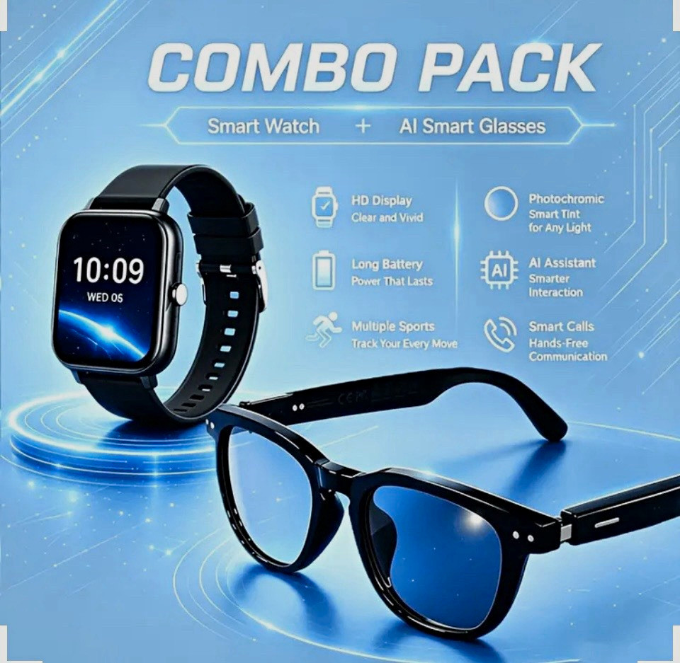 Smart Watch 47mm Black Silicone Case/Band + AI Smart Glasses, Android/iOS