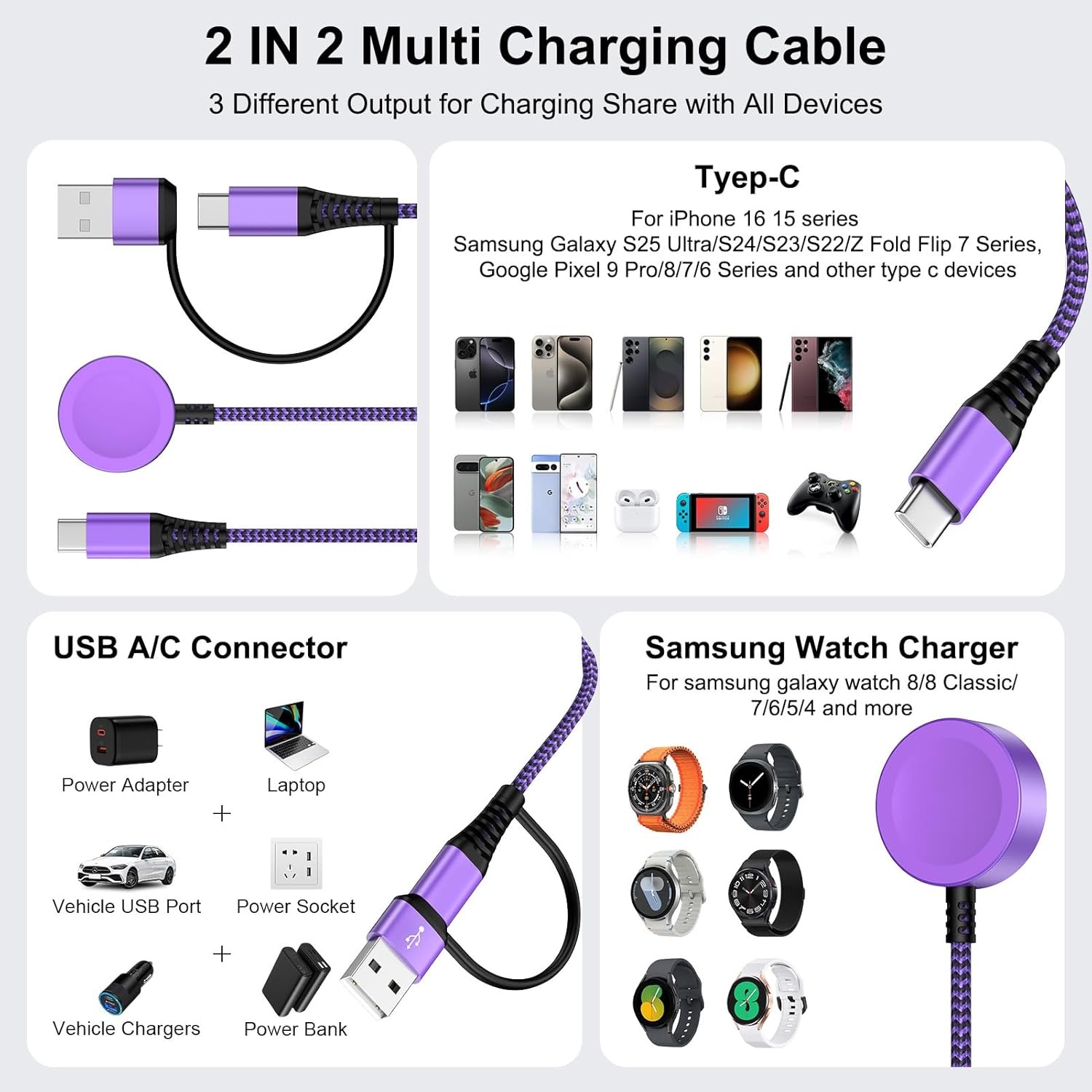 2 in 2 USB A/USB C Charging Cable for Samsung Watch Charger 6FT Travel Essential