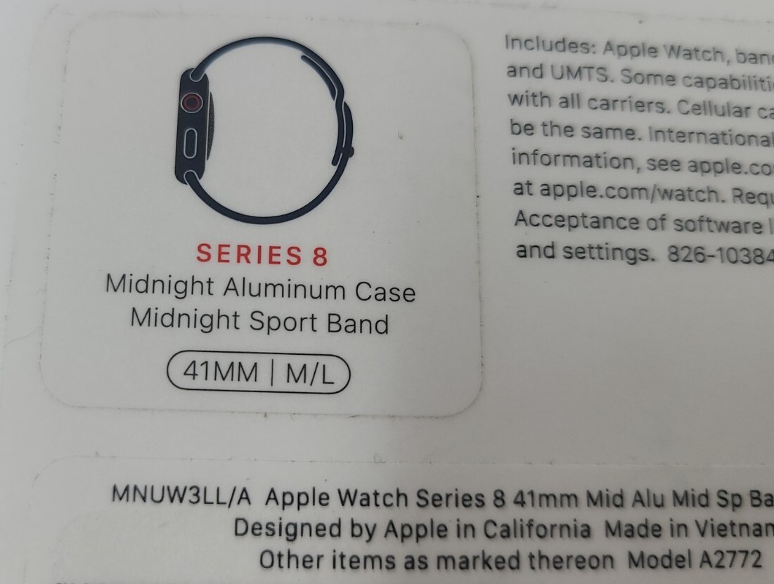 Apple Watch Series 8 Cellular 41mm M/L Midnight Aluminum Sport Band MNUW3LL/A