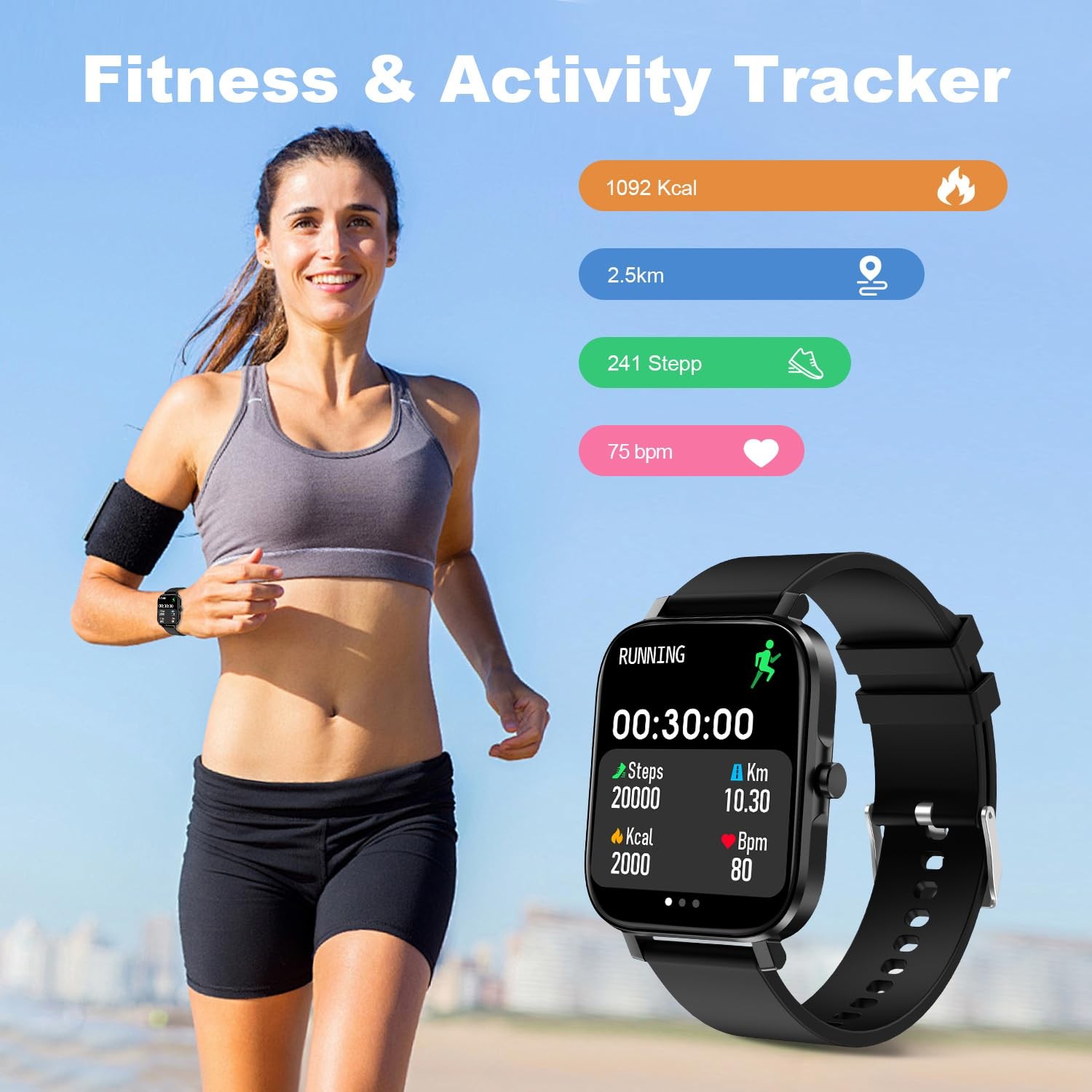 Smart Watch for Men Women SmartWatch 1.83″ iPhone Samsung 18.5, Black