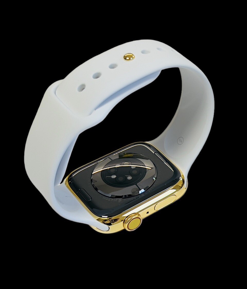 Custom 24K Gold Plated 45MM Apple Watch SERIES 8 White Sport Band Gold Dial
