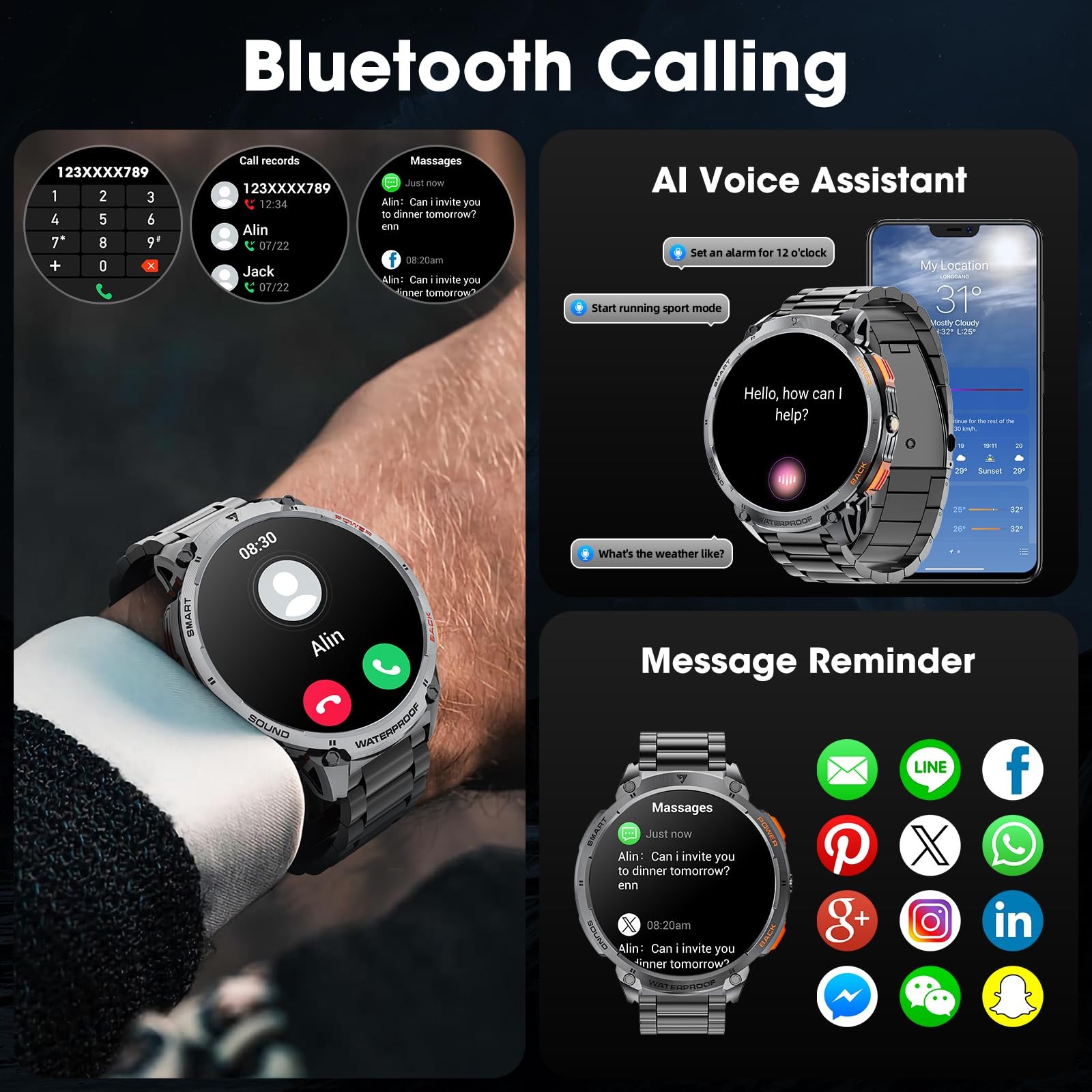 Military for Men 1.85″ HD Touch Screen 730mAh Battery Watches with Flashlight…
