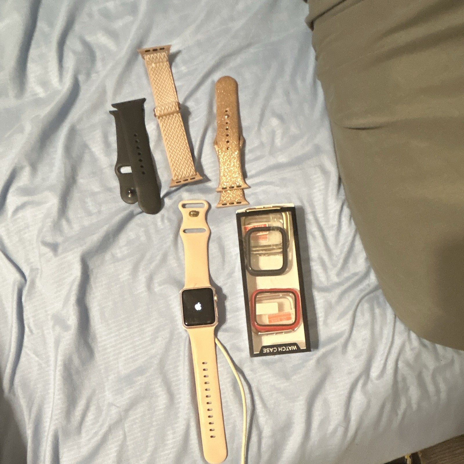 Apple Watch 38mm Gold Aluminum Case Pink Silicone Band Extra Bands & Case.