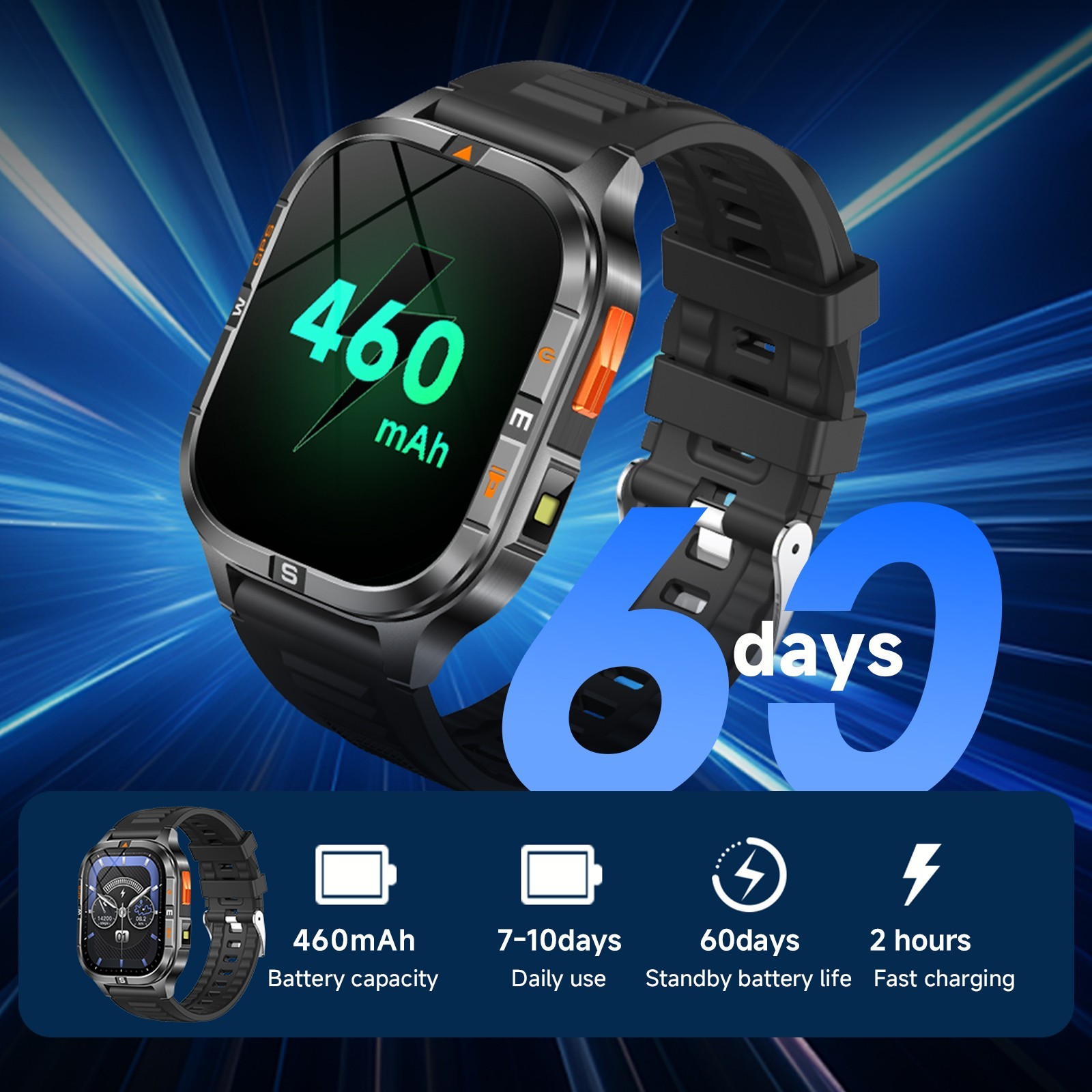 Military GPS Smart Watch for Men Bluetooth Call Compass Flashlight Waterproof