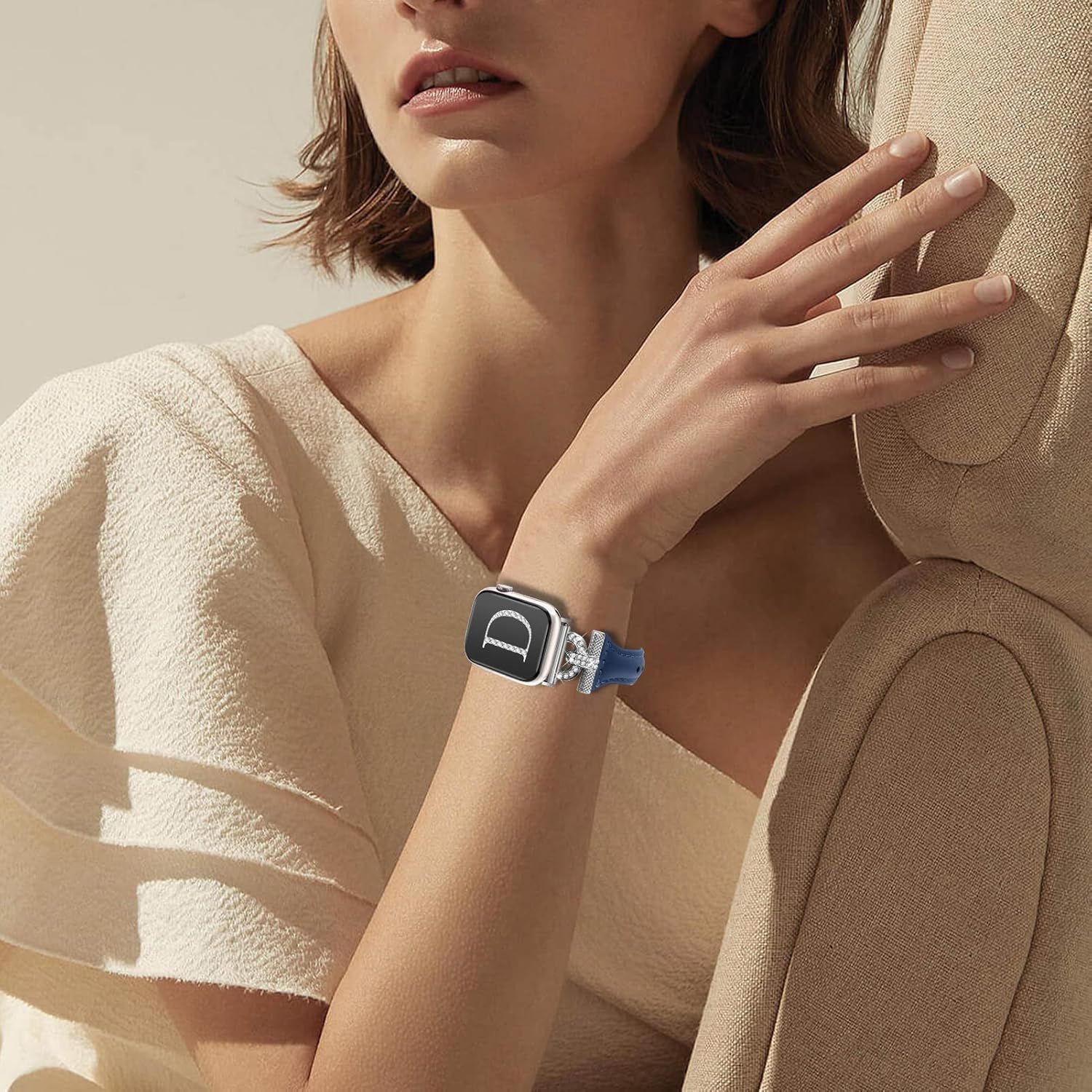 Navy Blue Slim Leather Band for Apple Watch Series 10 41mm with D-Shape Diamonds