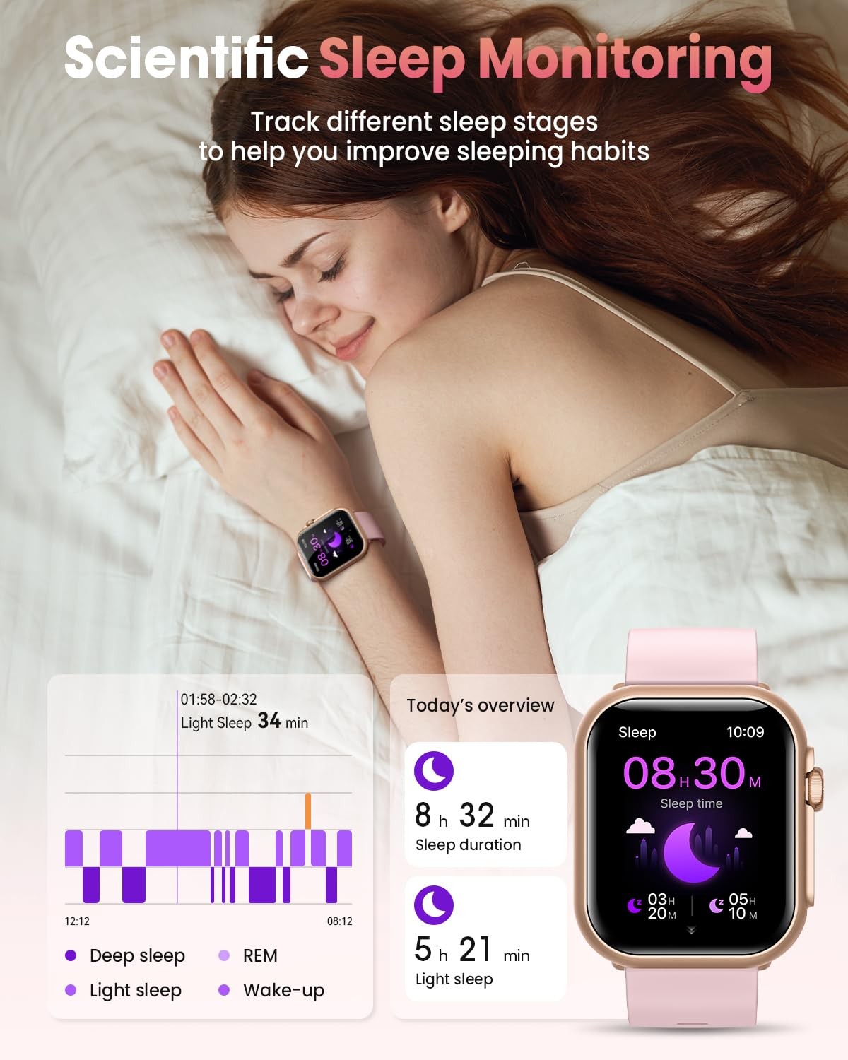 Smart Watch for Women Men Fitness: 1.85, Gold-Pink
