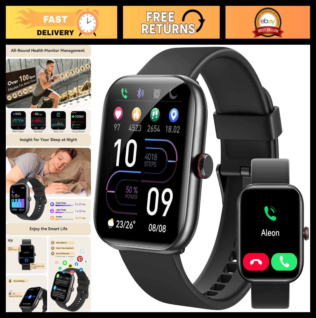 Smart Watch for Men & Women, Bluetooth Fitness Tracker, 1.91″ HD Display, IP68 W