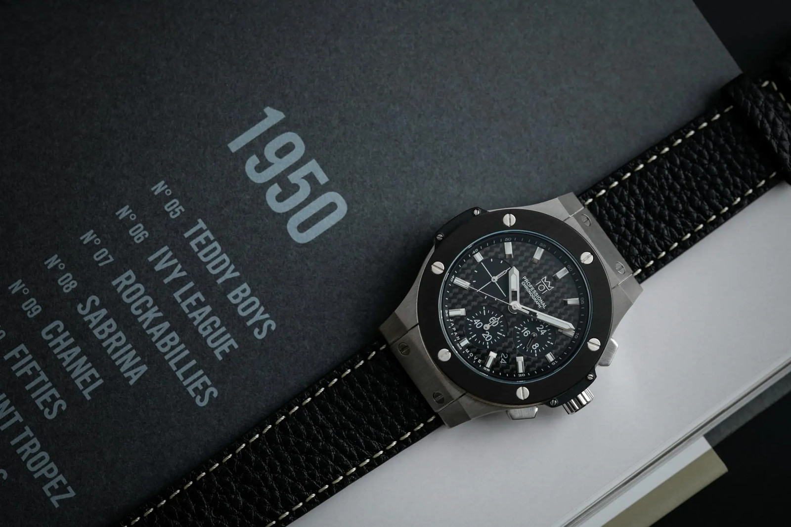 NEW HYAKUICHI 101 No.8L Chronograph Silver Black Carbon Black Leather Belt