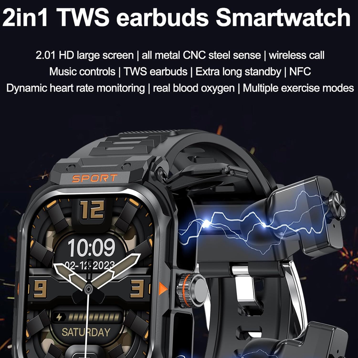 2-IN-1 Outdoor Rugged Sport Smart Watch With Earbuds For Men(Answer/Make Calls)