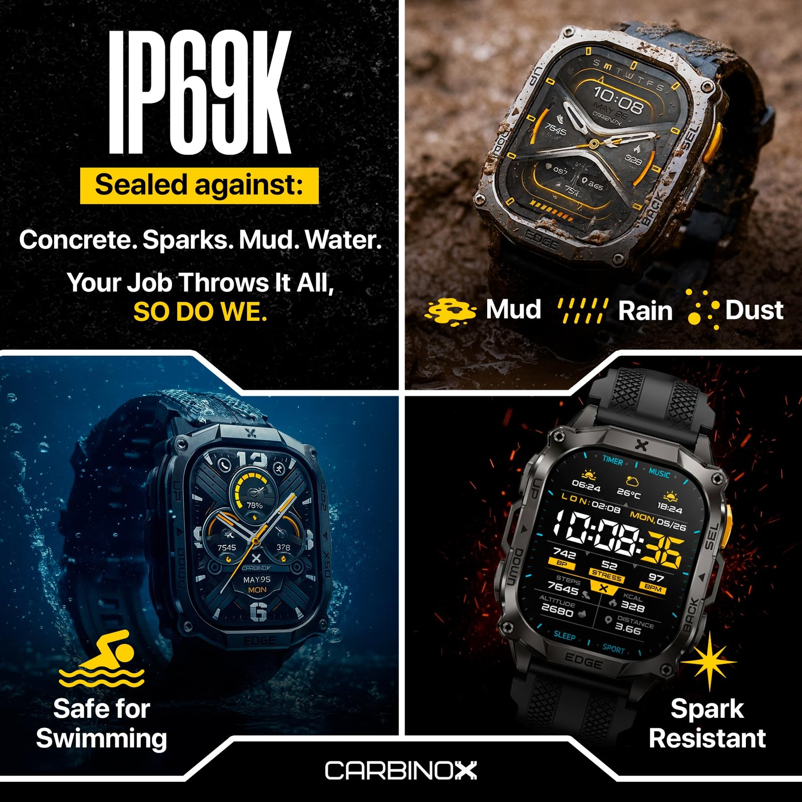 Edge Smart Watch Rugged, 1.96″ AMOLED, Stainless Steel, IP69K/5ATM Fitness tr…