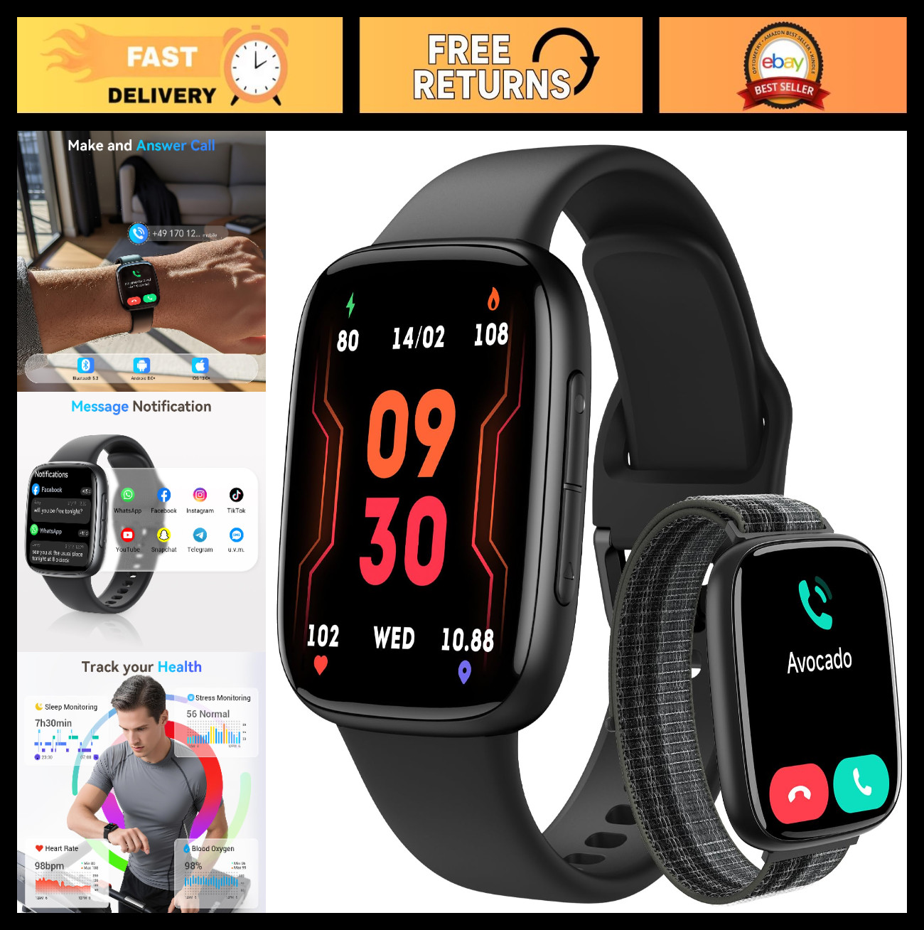 Smartwatch for Men/Women, 1.85″ AMOLED Display, Waterproof Fitness Tracker, Call