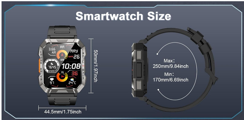 Military Smartwatch 55 mm Black Case Black Silicone Watch for Men
