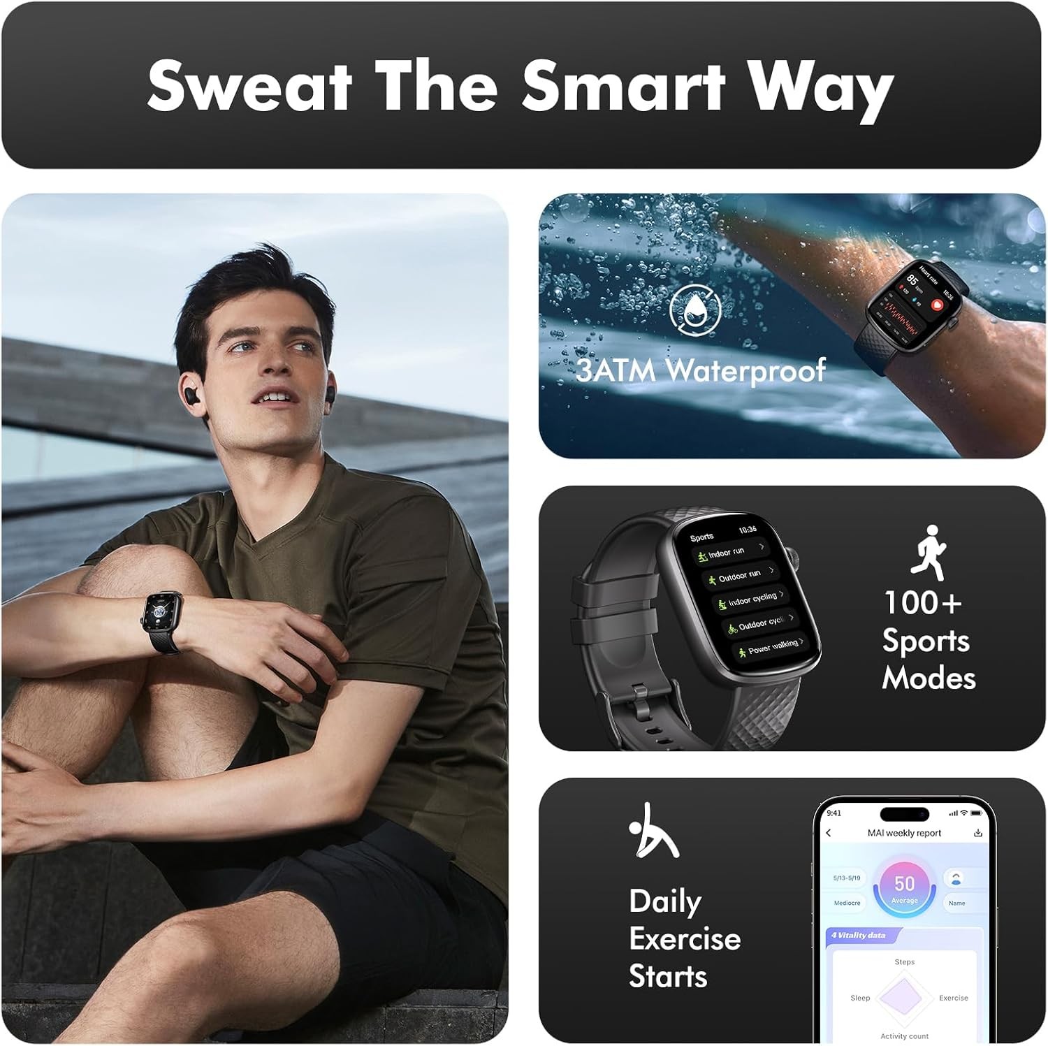 Smart Watch Bluetooth Call Heart Rate Monitor 100 Sports Modes 3ATM Waterproof