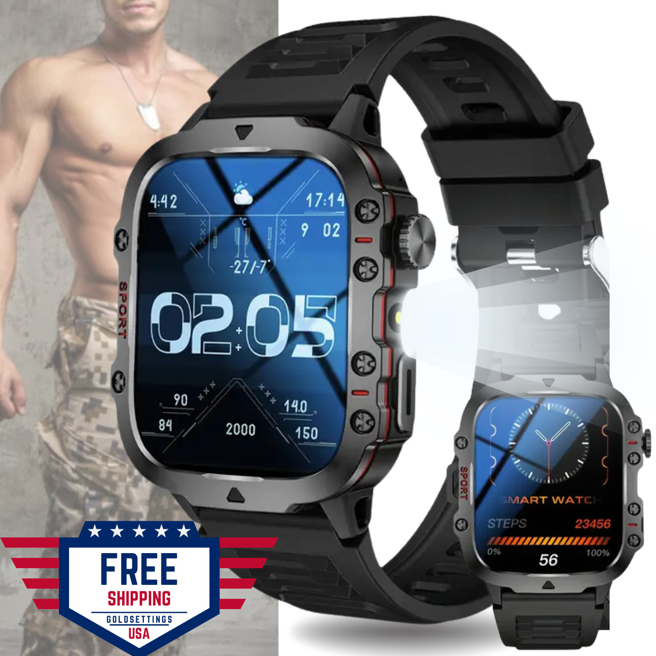 Military Smart Watch Men(Answer/Make Call), Outdoor Smartwatch with Flashlight