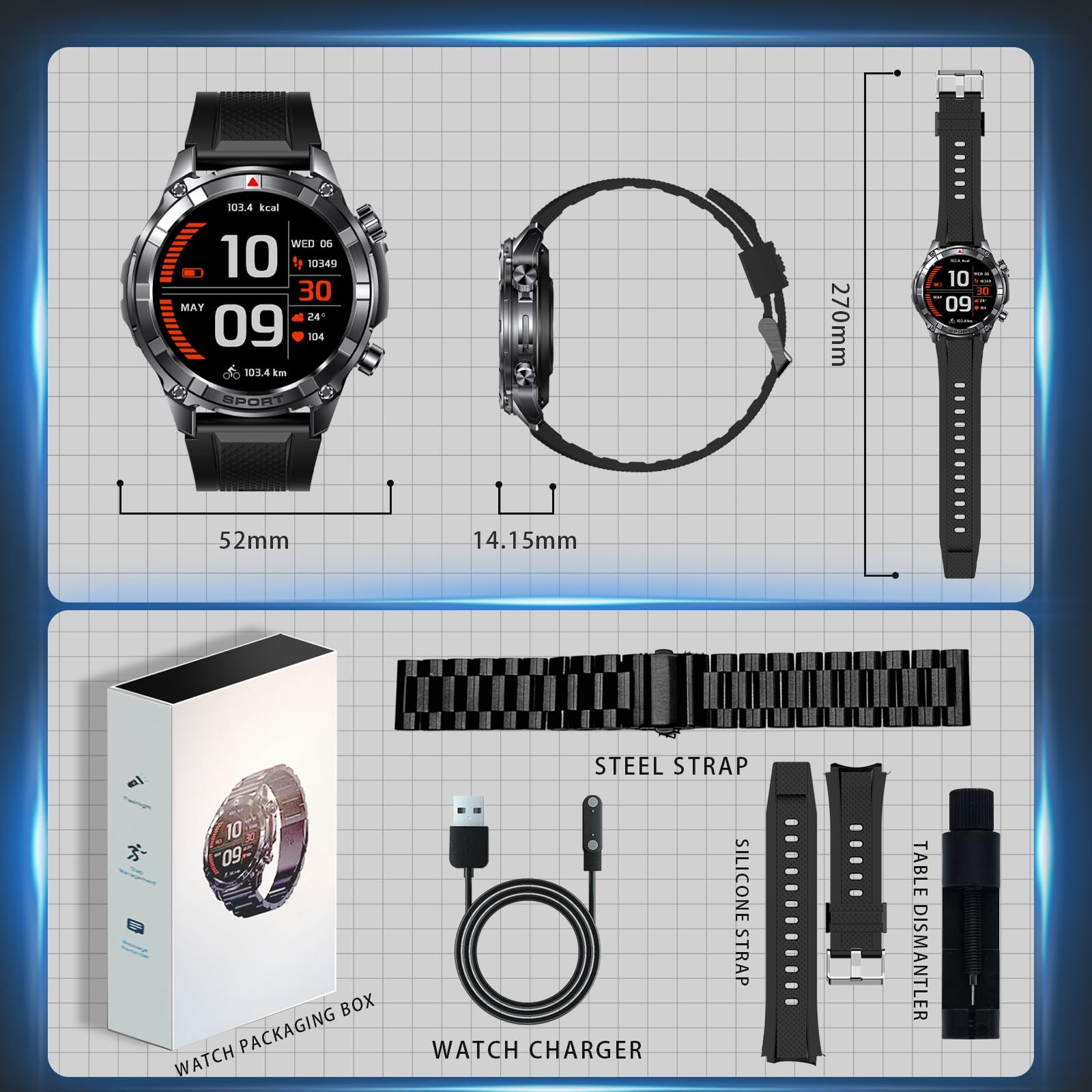 Ynwinste Smart Watches for Men with Bluetooth&Flashlight,1.52″ IP68 Waterpro Men
