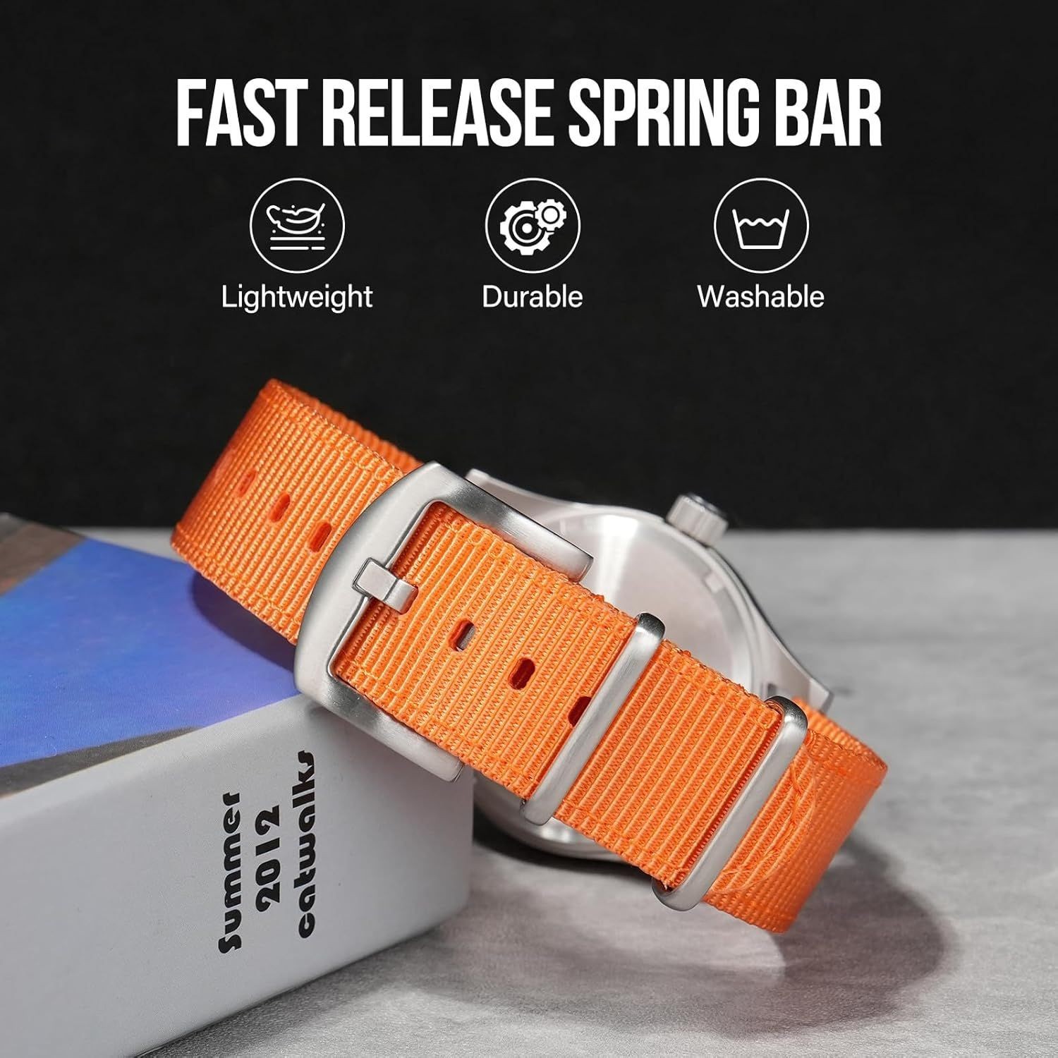 Strap Only For Military Watch 24mm Nylon Blackgrey With Stainless Steel Buckle