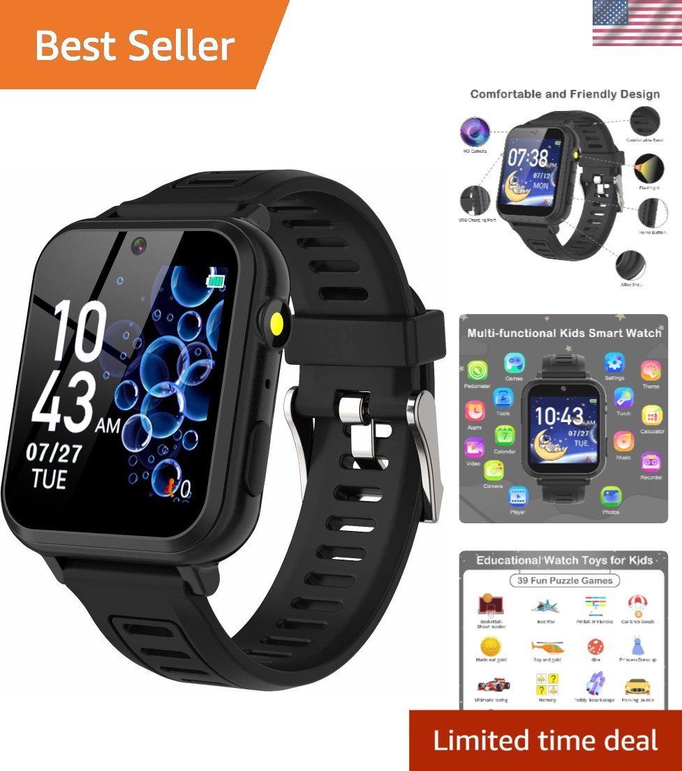 Black Kids Smart Watch with Music Recorder, Games & Fitness Tracker – Gift Idea
