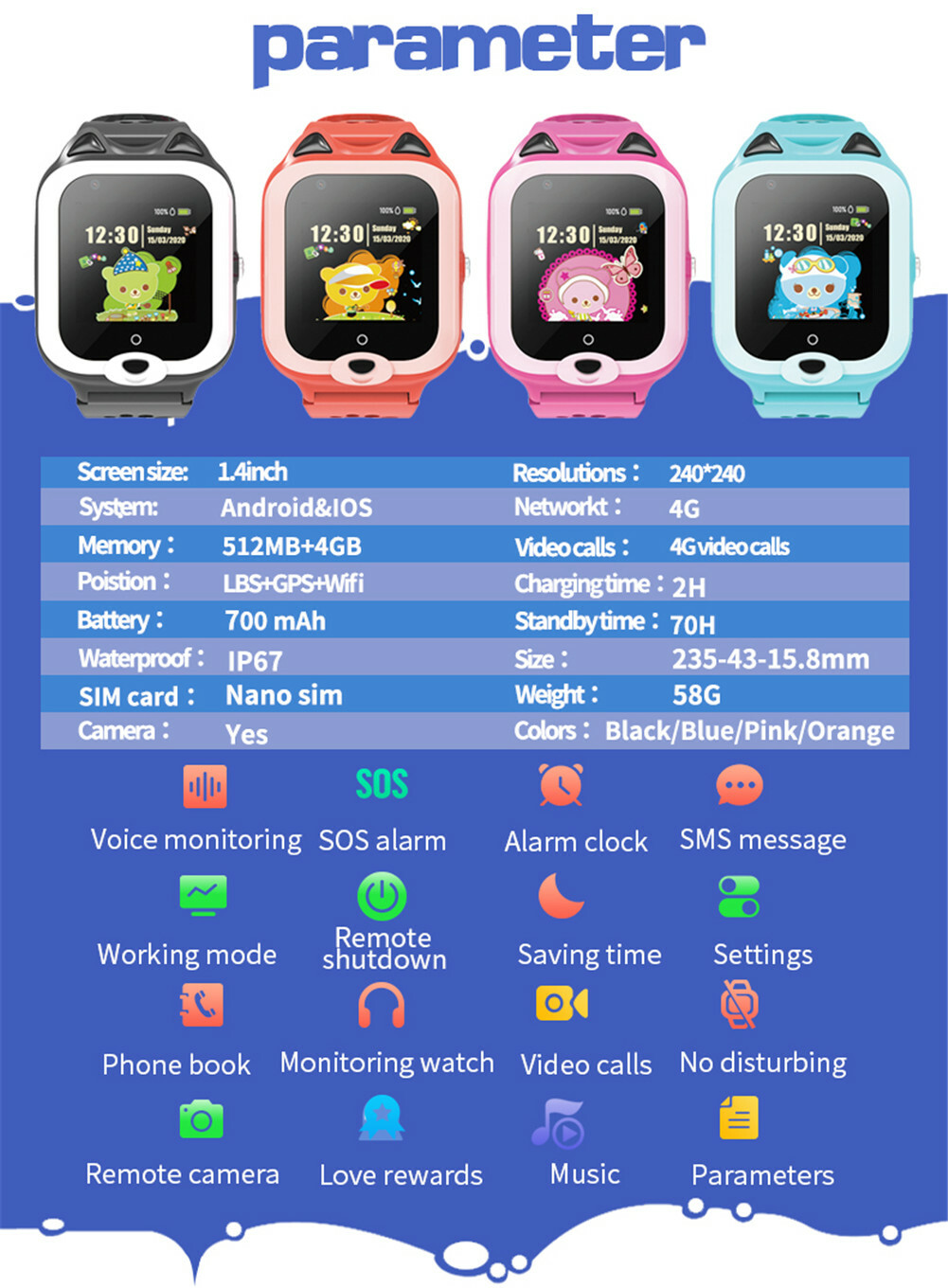 4G Smart Watch SOS Kids Wristwatch Touch Screen Anti-Lost Long Battery Life