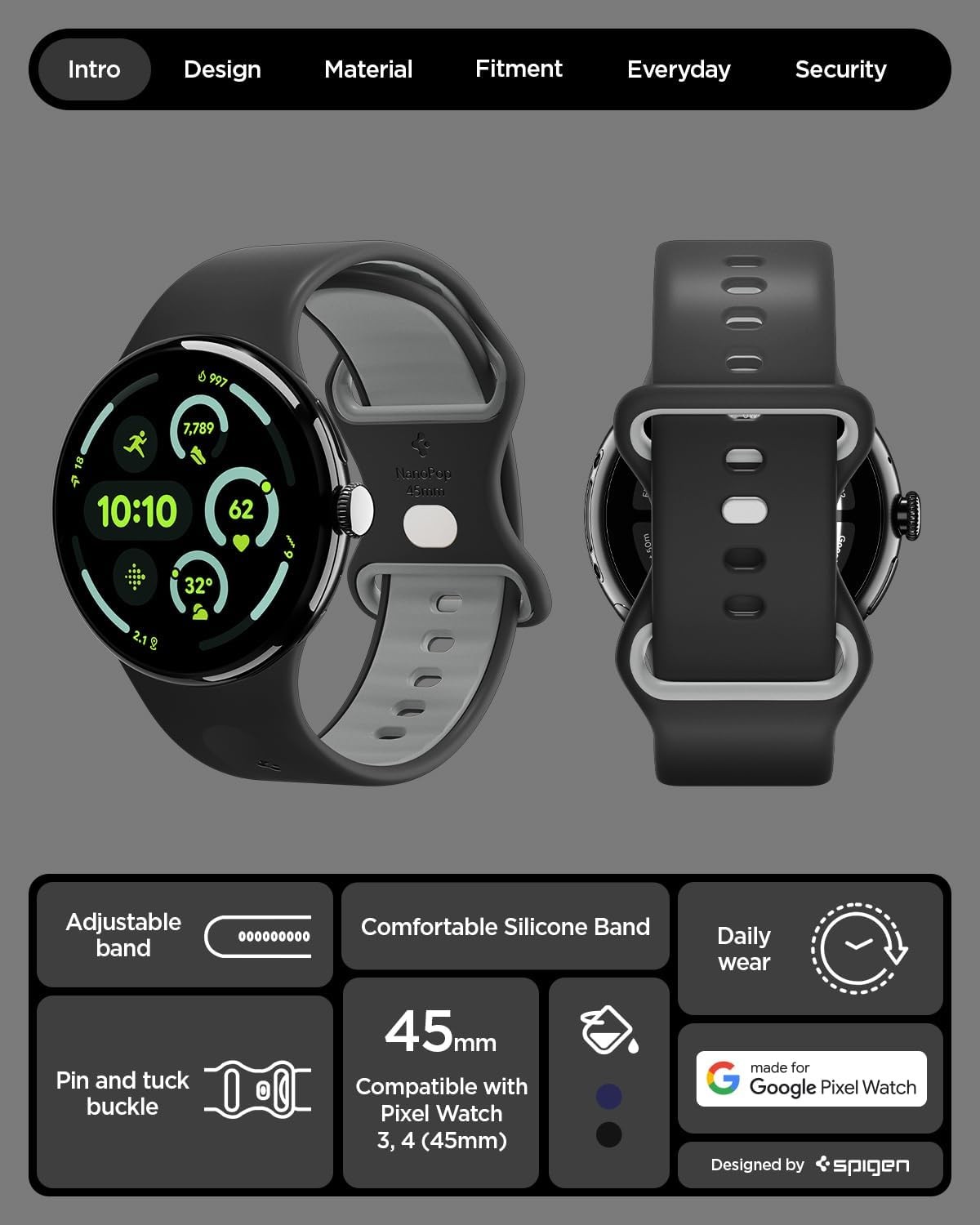 Waterproof Silicone Strap in Black Sesame for Pixel Watch 4 45mm, Soft Fit