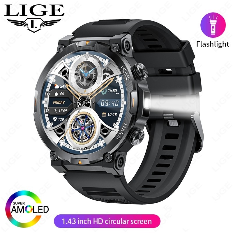 Military Smart Watch Men Rugged 1.43″ Fitness Tracker Waterproof LED Flashlight