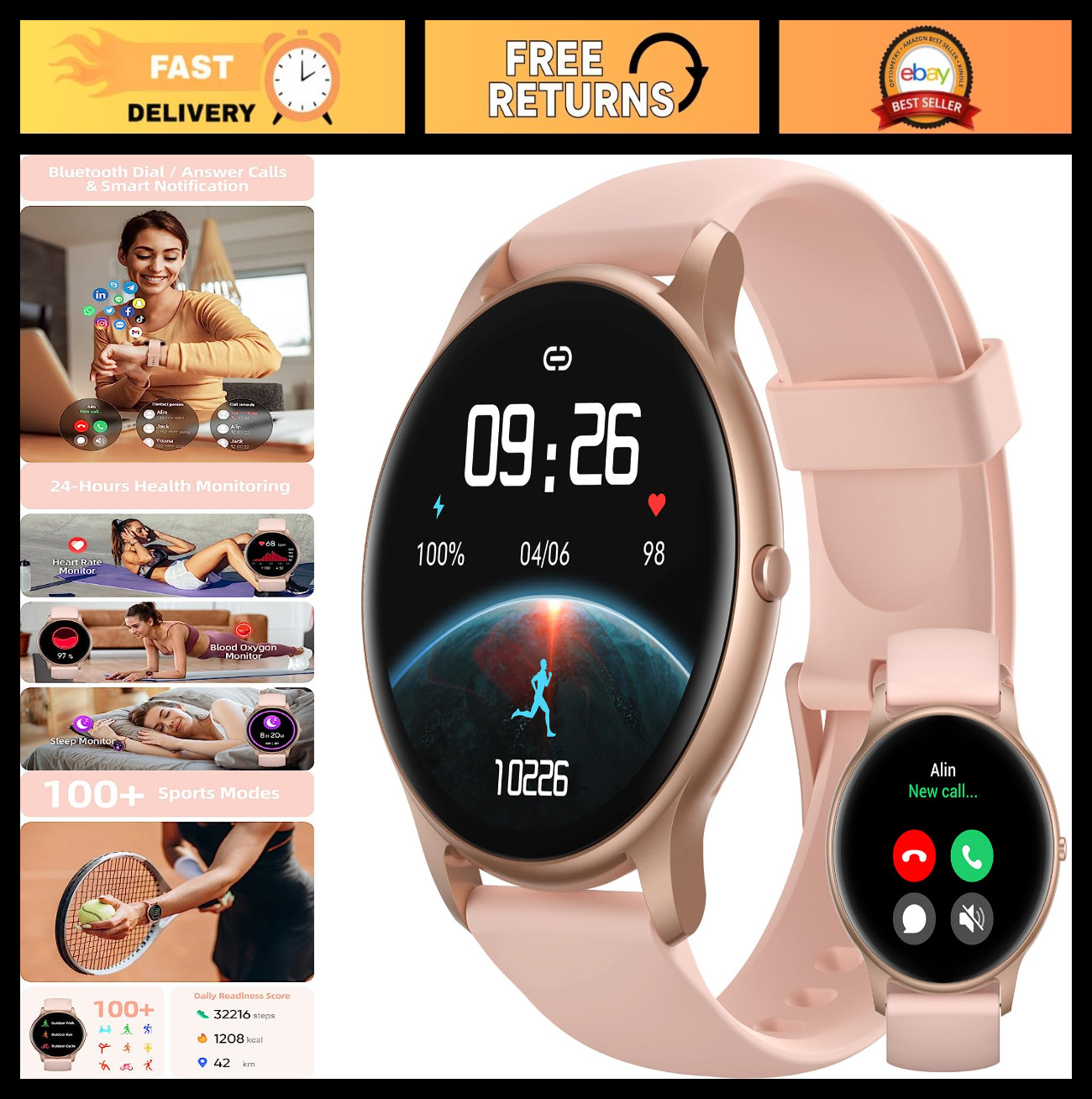 Smart Watch for Women – HD Screen, IP68 Waterproof, Fitness Tracker, 100+ Sport