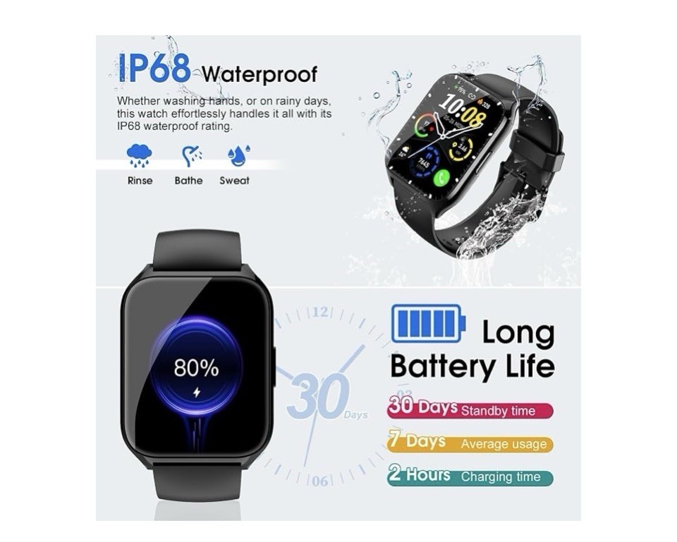 1.85in Touchscreen Smart Watch Bluetooth IP68 Waterproof Silicone Band
