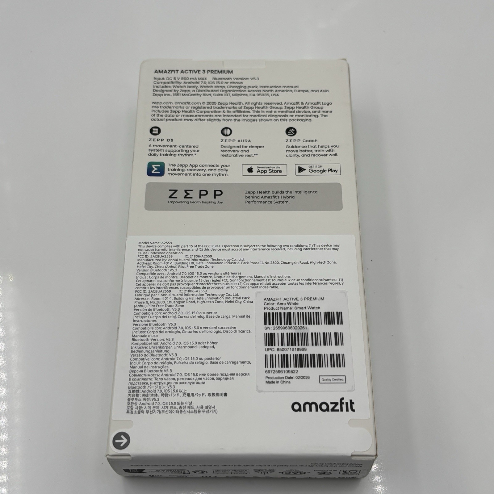 Amazfit Active 3 Premium Smartwatch 45mm GPS Aero White New Sealed Ships Free