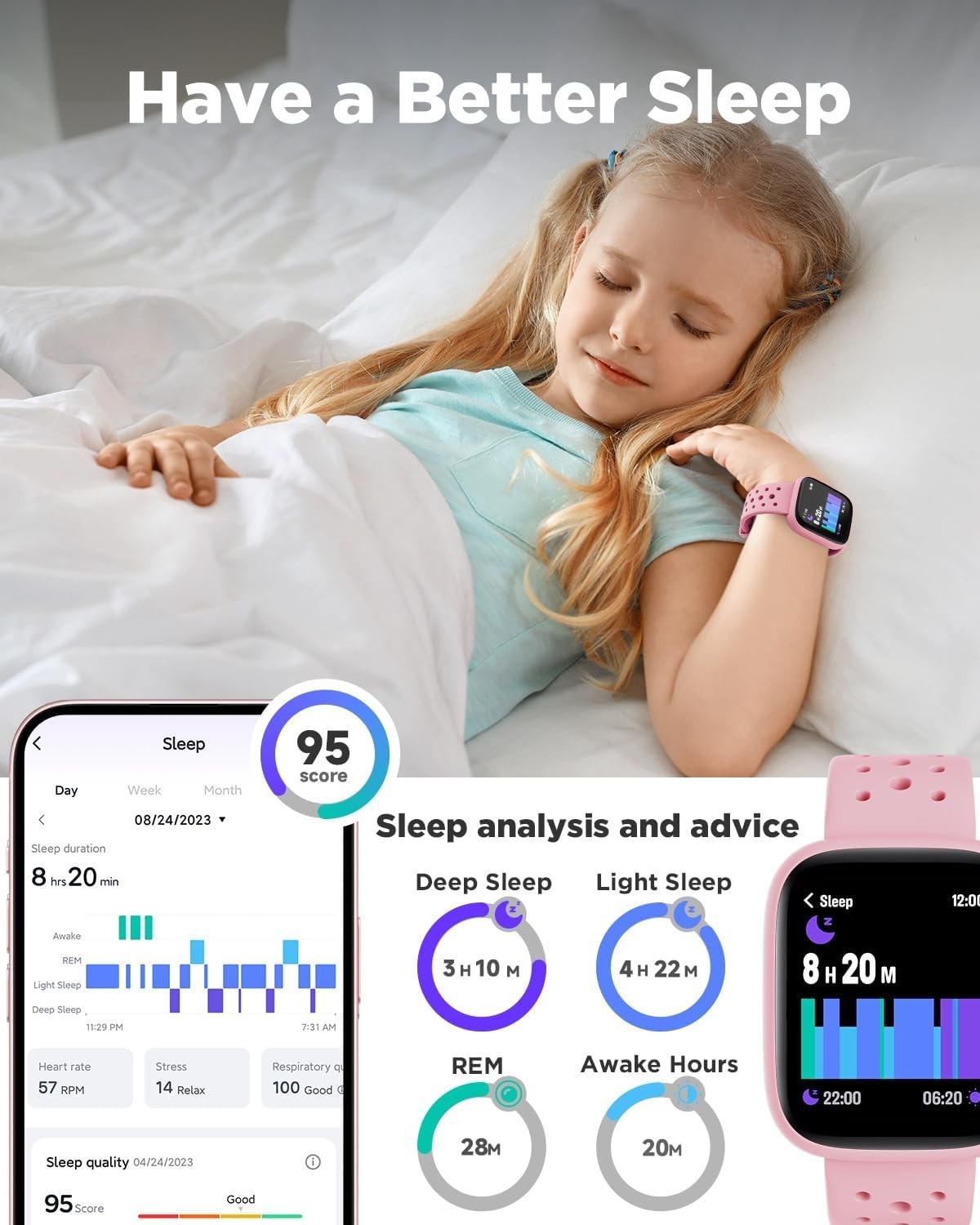 All-Day Activity Monitoring Kids Smart Watch with Heart Rate & Sleep Tracking