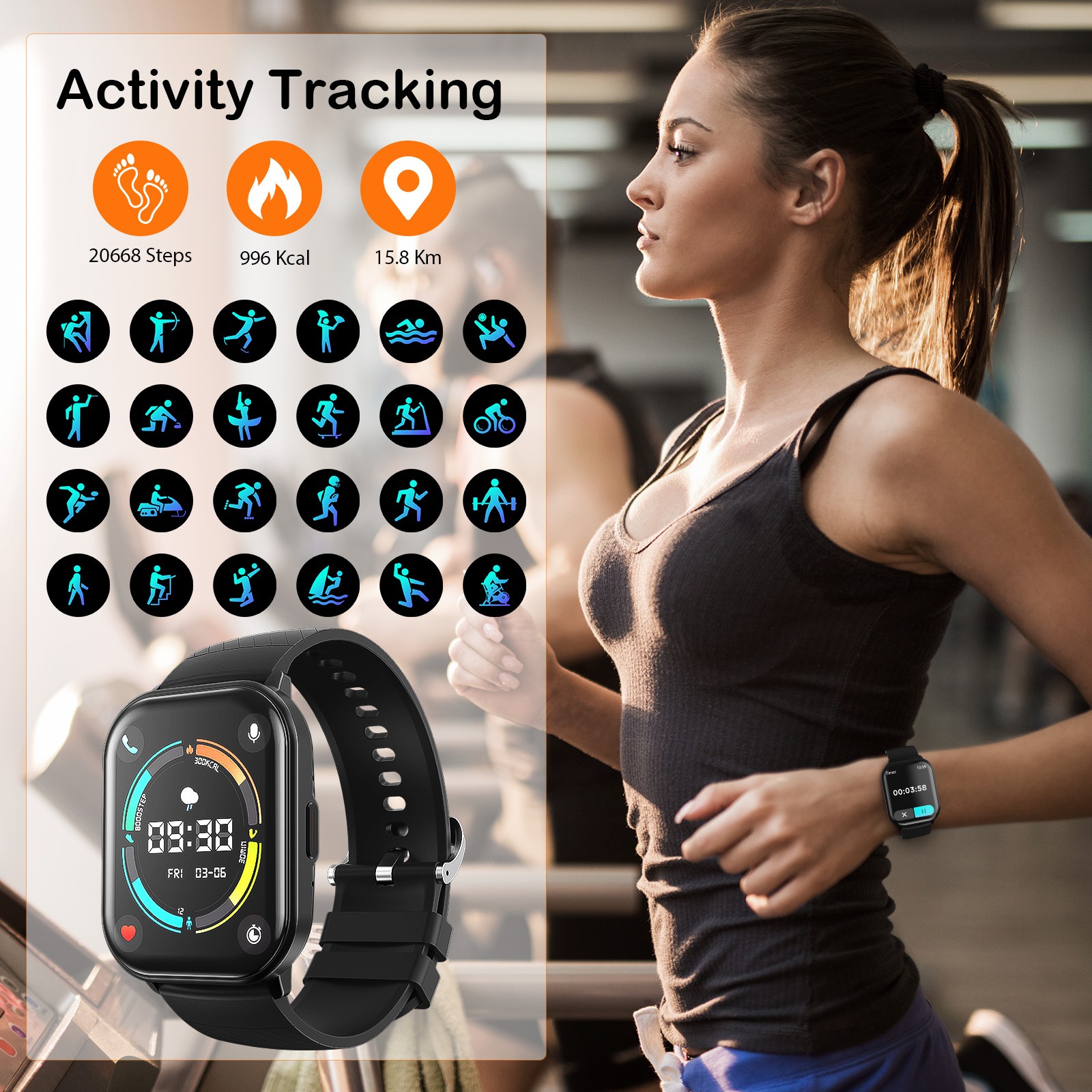 AUOSHI Smart Watch Bluetooth Call 2.01″ IP68 Fitness Tracker for Android iPhone