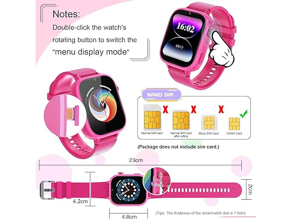 OKYUK 4G Smart Watch for Kids w/ SIM, Games, Camera, SOS – PURPLE PINK ROSE RED