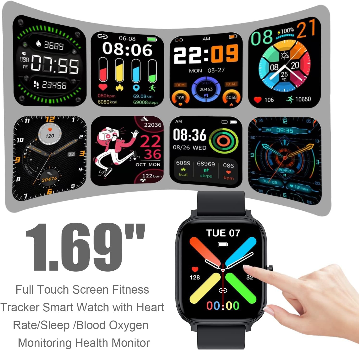 1.69 Inch Smart Watch Fitness Tracker IP68 Heart Rate Sleep Monitor Black