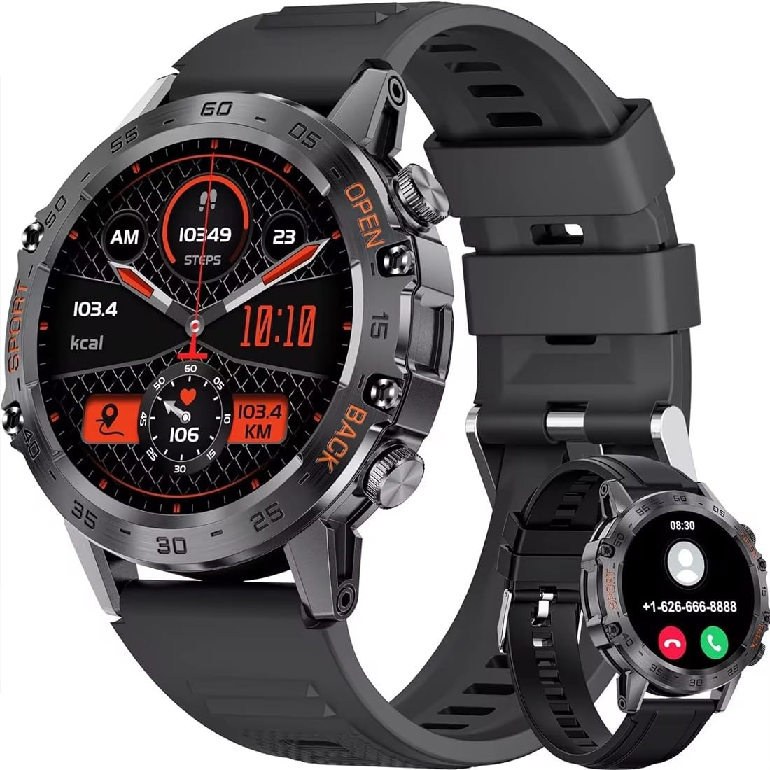 Kawtco Men’s Smart Watch Bluetooth Call Android iOS 1.39″ Black Silicone Strap