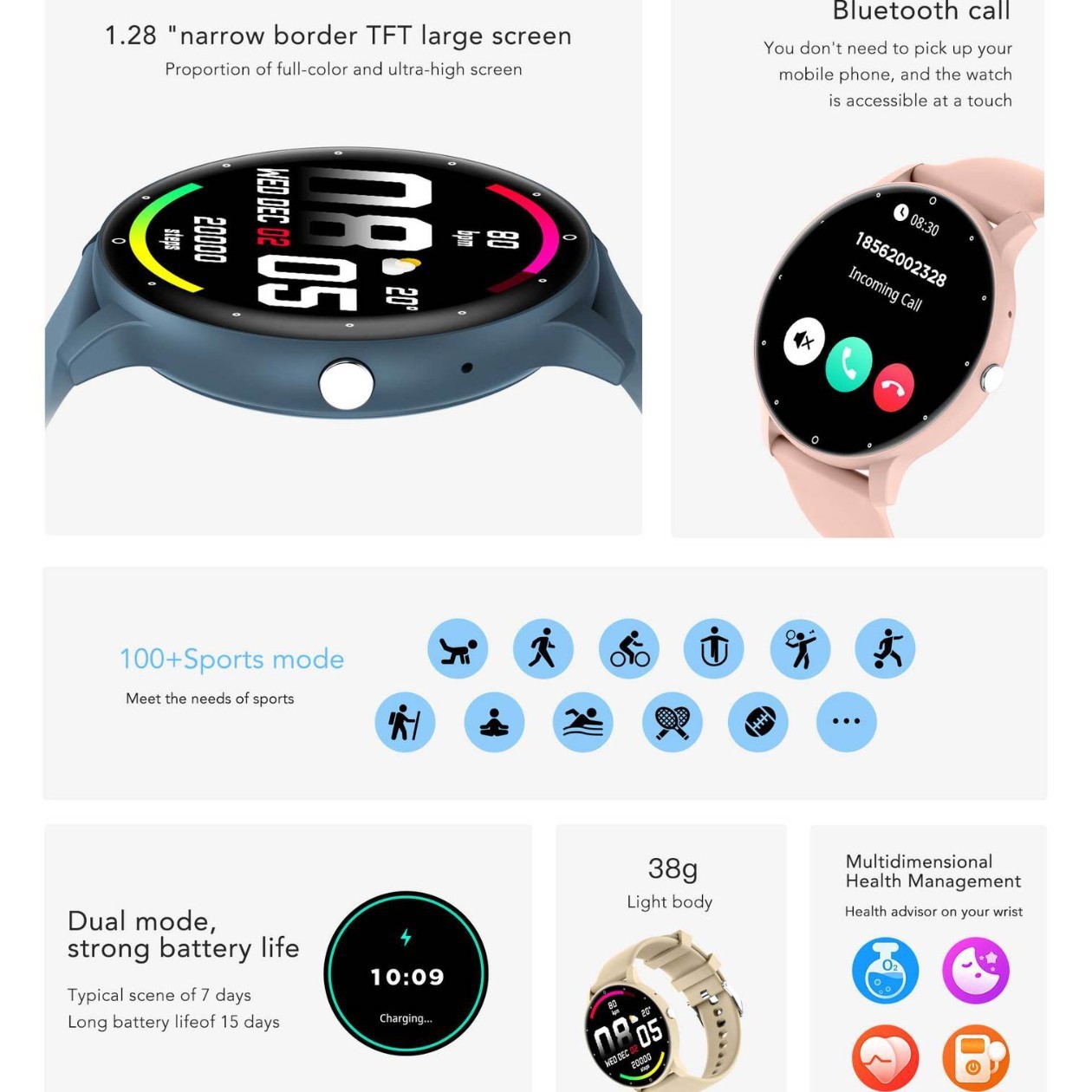 1.28inch ZL02D smartwatch waterproof AI voice heart rate health monitoring watch