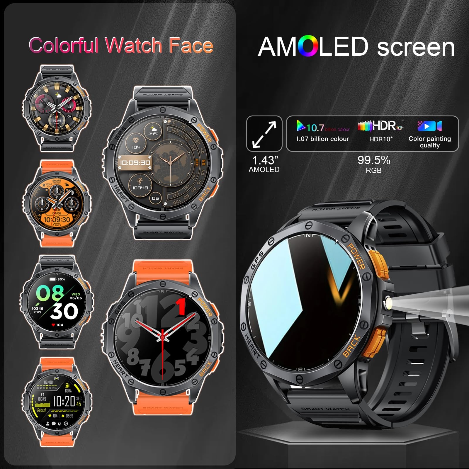 Military for Men, Built-in GPS, 30-day standby, 1.43″ AMOLED