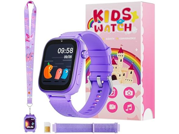 OKYUK 4G Smart Watch for Kids w/ SIM, Games, Camera, SOS – PURPLE PINK ROSE RED