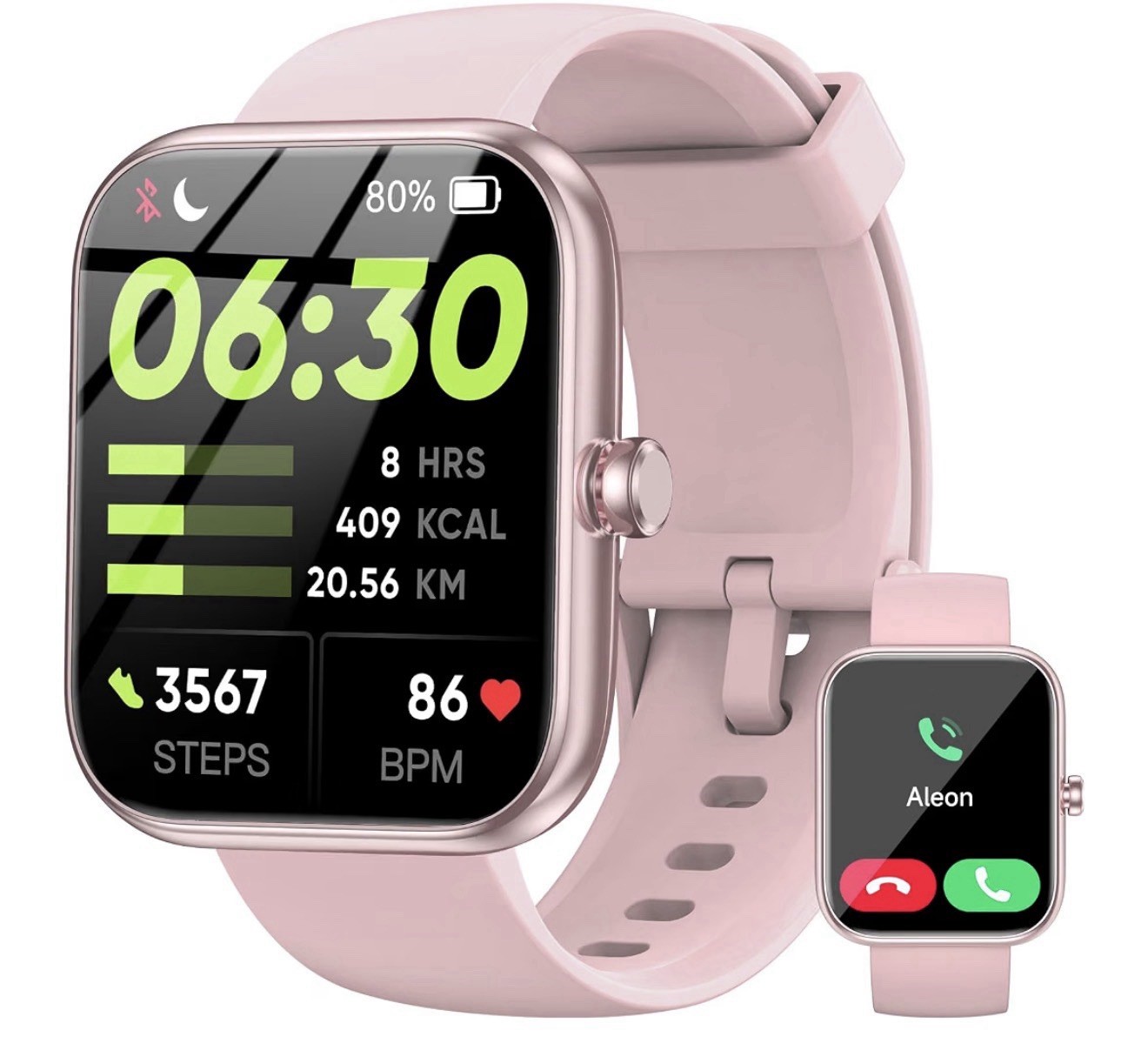 Pink Square Smart Watch w/ Pink Silicone Band, Alexa, Bluetooth, IP68, HR/SpO2