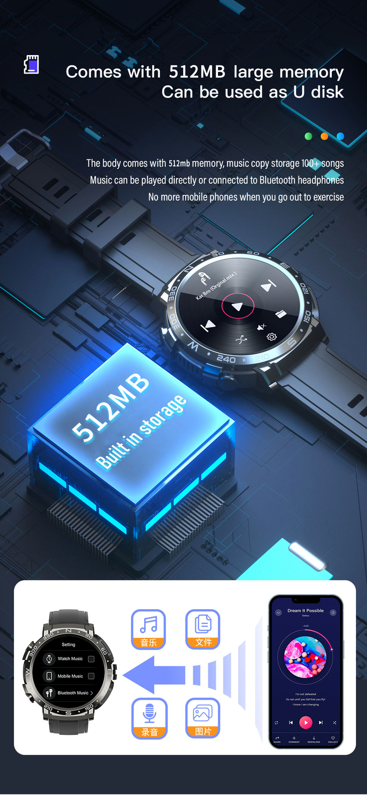 2-in-1 Bluetooth Smart Watch Music Sports Smartwatch with Dual Earbuds