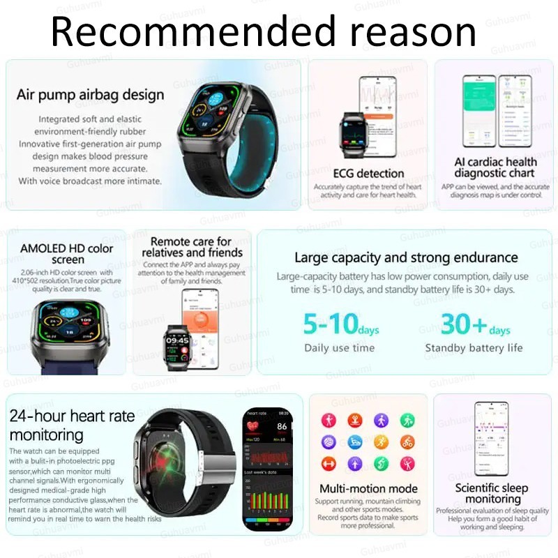 2026 ECG Smart Watch Air Pump Blood Pressure Heart Rate AMOLED NFC IP68