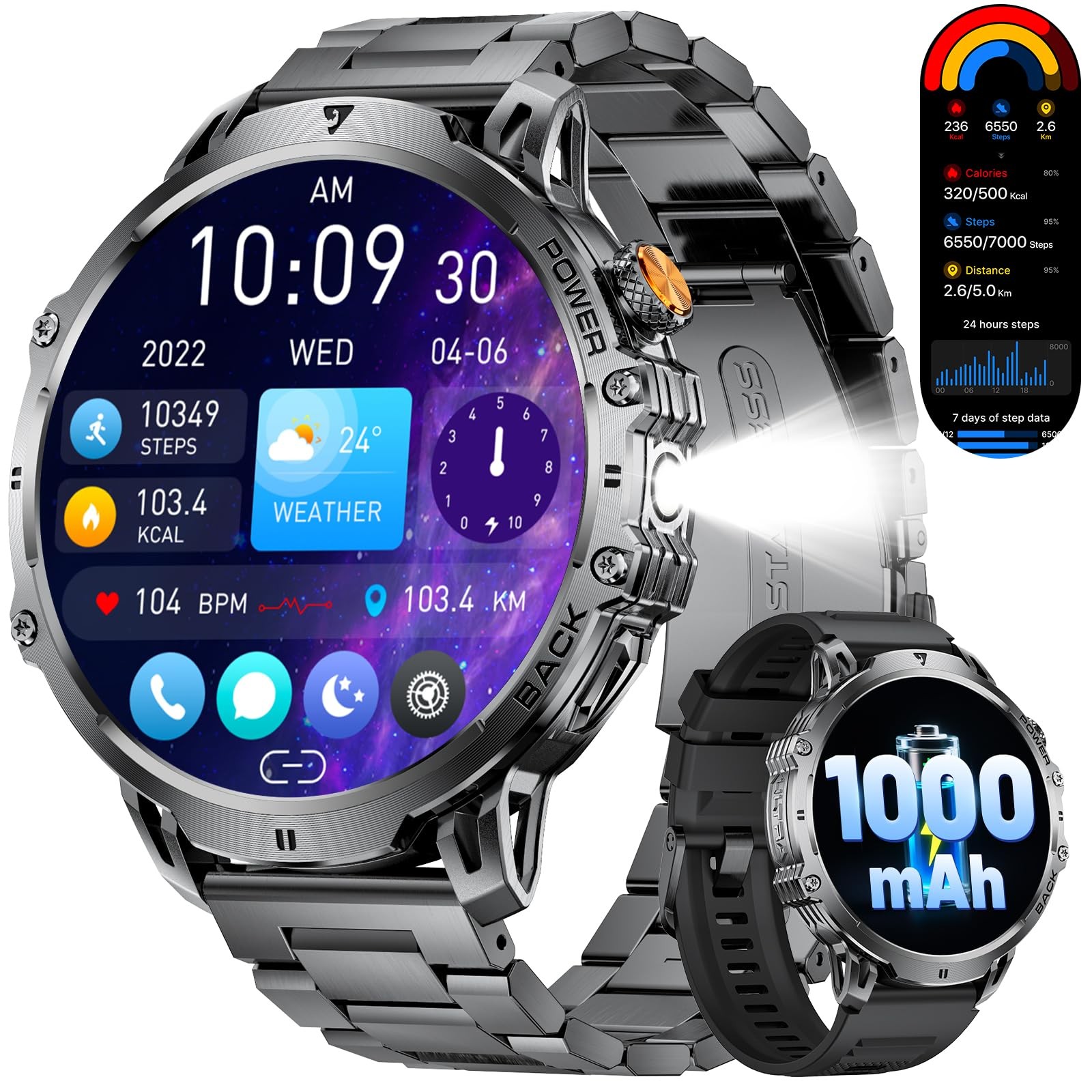 Military Smart Watches for Men2 Bands,1000mAh/1.85″ HD Large Screen Smartwatc…