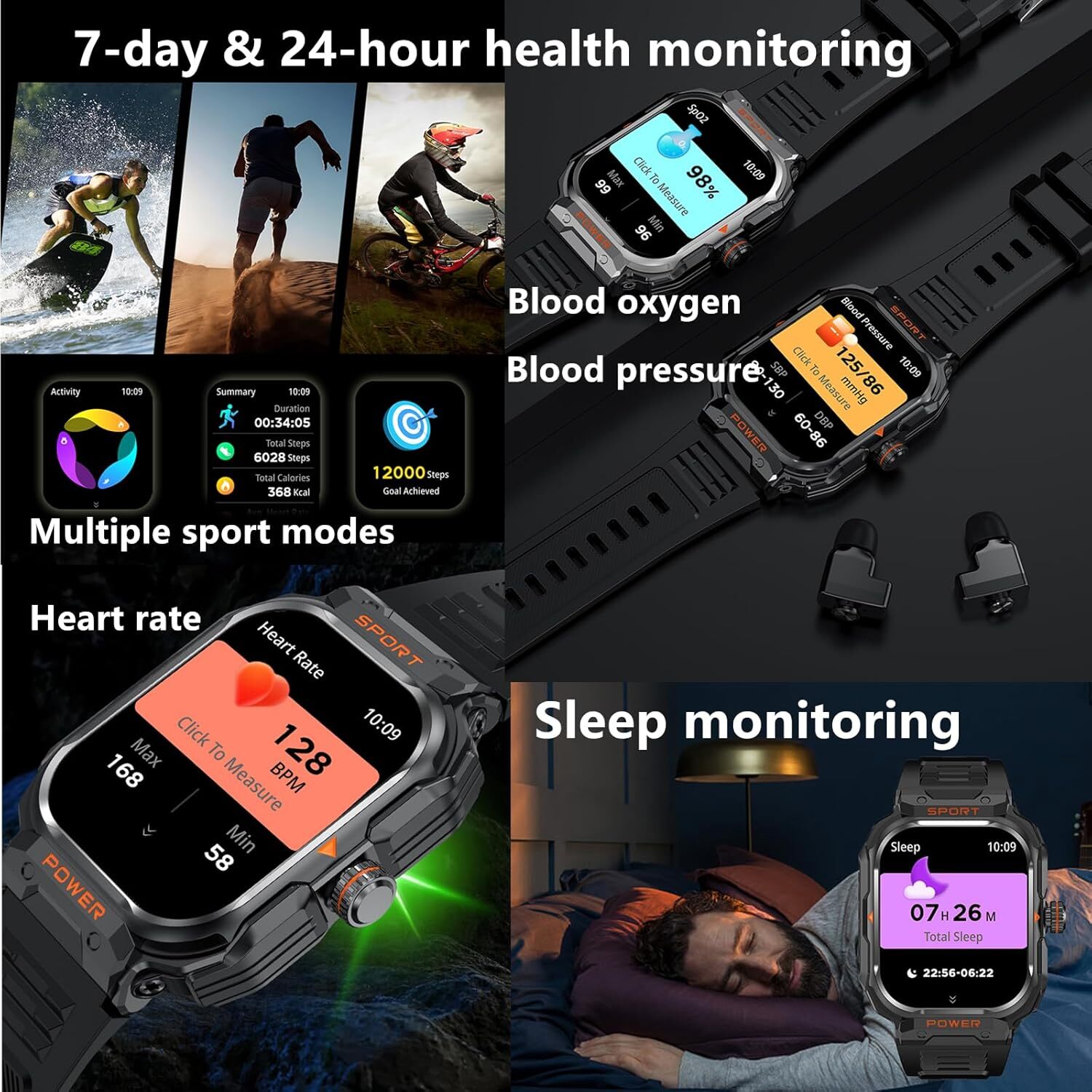 2-IN-1 Outdoor Rugged Sport Smart Watch With Earbuds For Men(Answer/Make Calls)