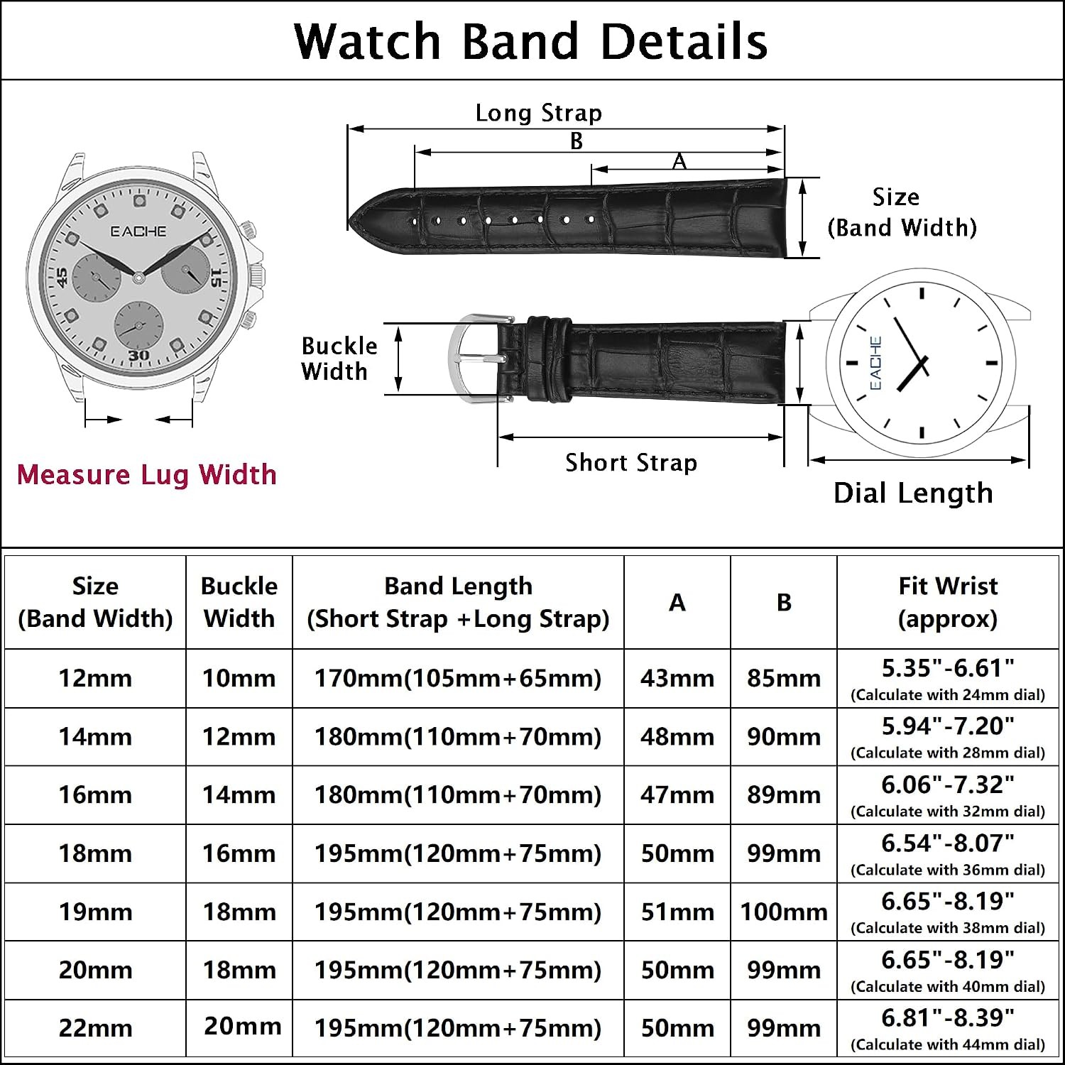 Classic Leather Watch Straps for Men & Women, Waterproof 12mm to 22mm Sizes