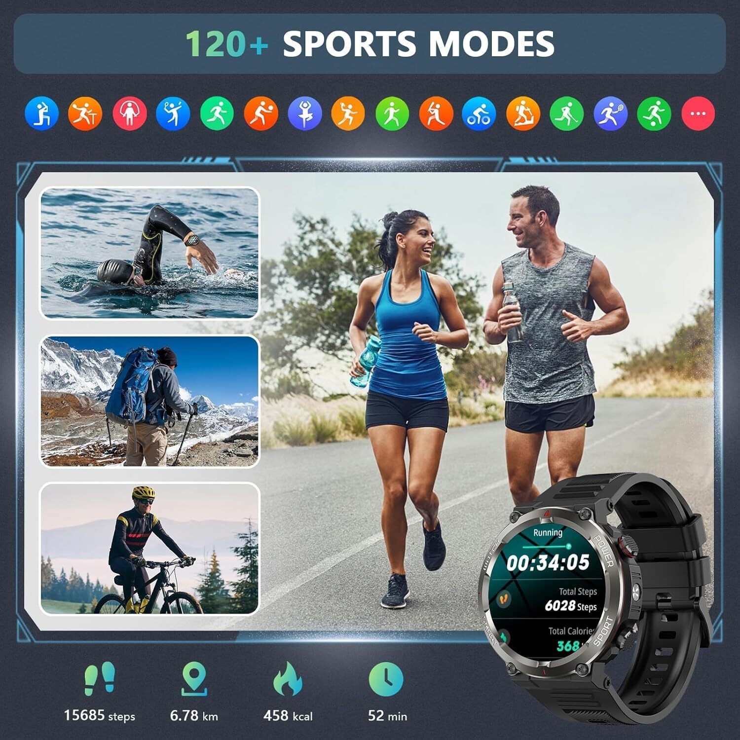 Military Tactical Smart Watches for Men, 100-Day Battery Rugged Fitness Watch
