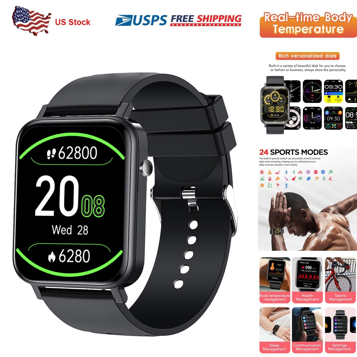 Bluetooth Smart Watch Heart Rate Sleep Monitor Fitness Tracker For iOS Android