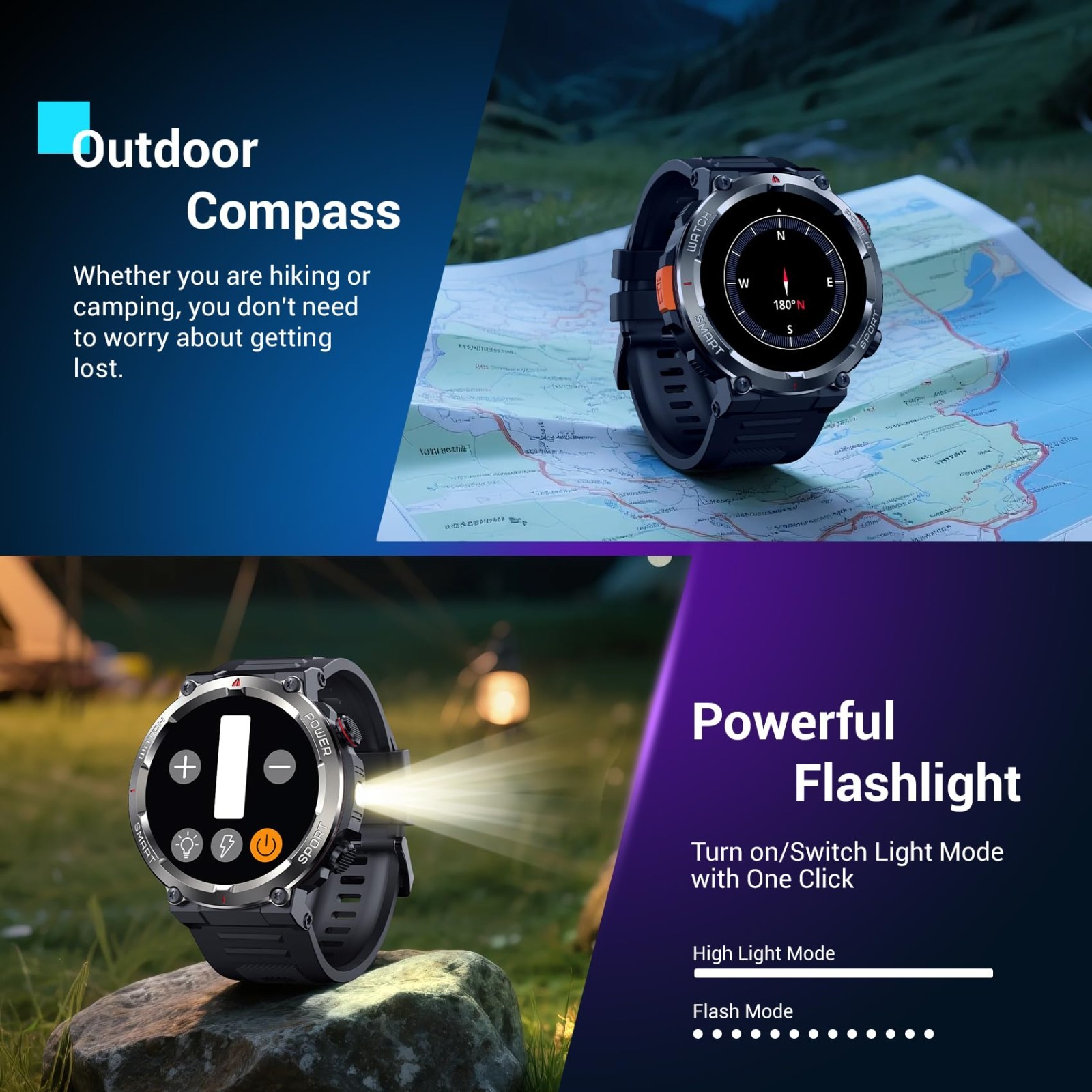 Rugged Military Smartwatch for Men – Calls, 100-Day Battery, Compass, Heart Rate