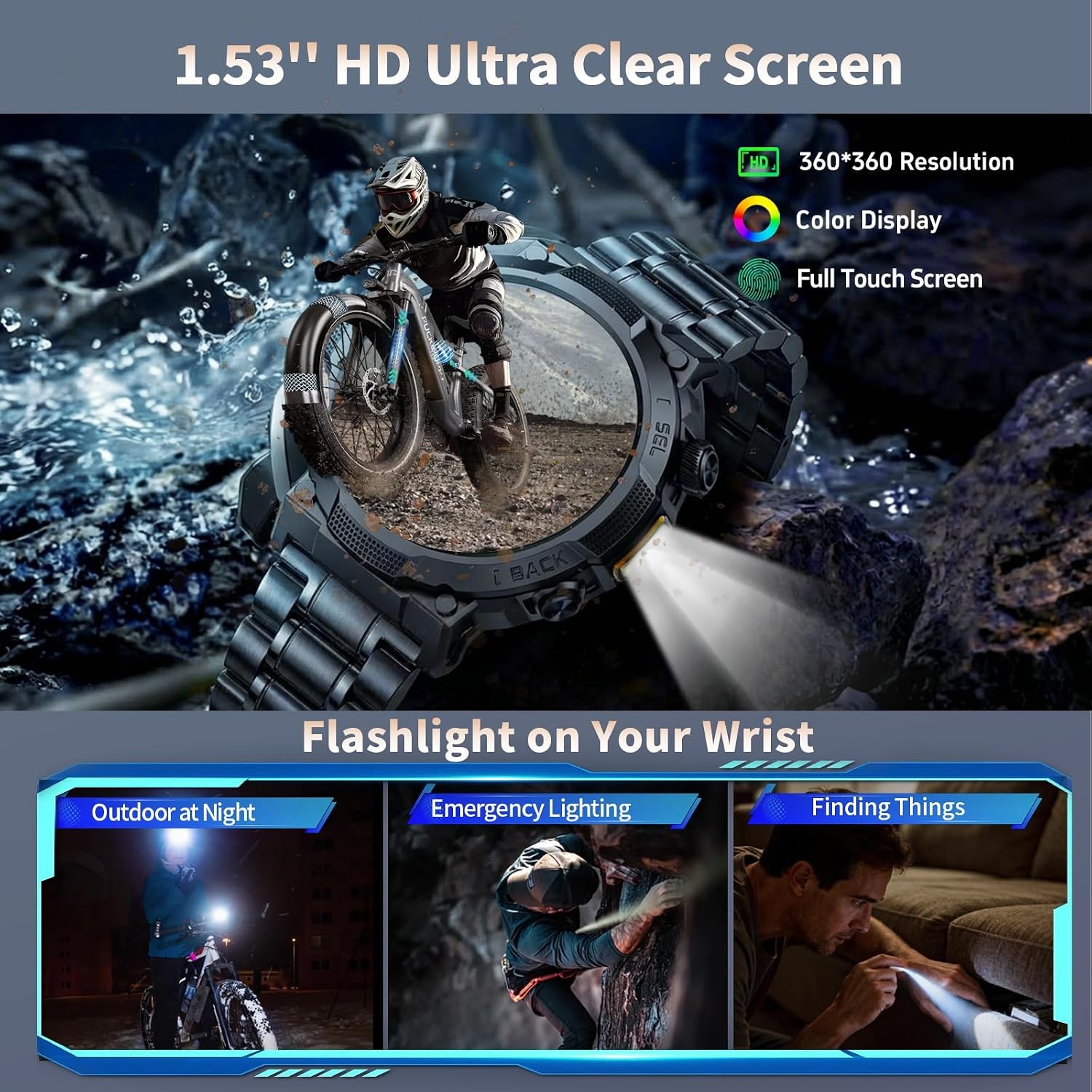 Men’s Military Smartwatch Black HD 1.53″ Answer Calls 50+ Days Battery Life