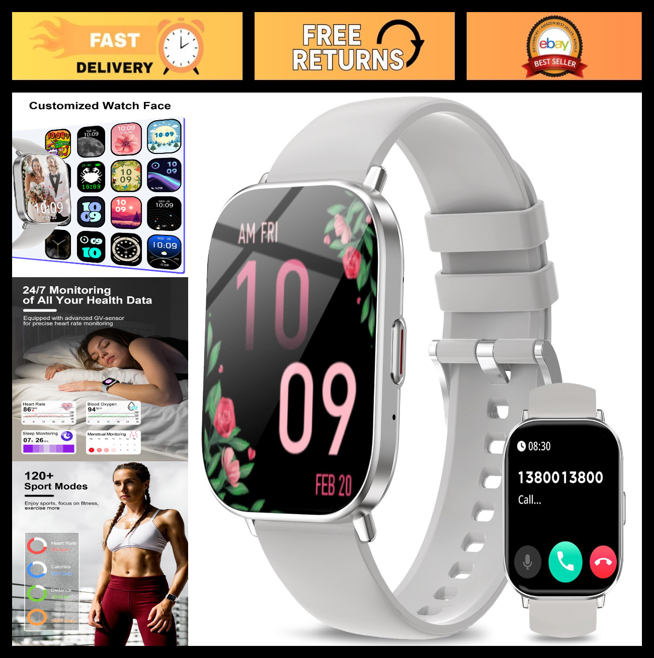 Smartwatch for Men & Women, 2.01” Touch Screen, Fitness Tracker, Heart Rate Moni